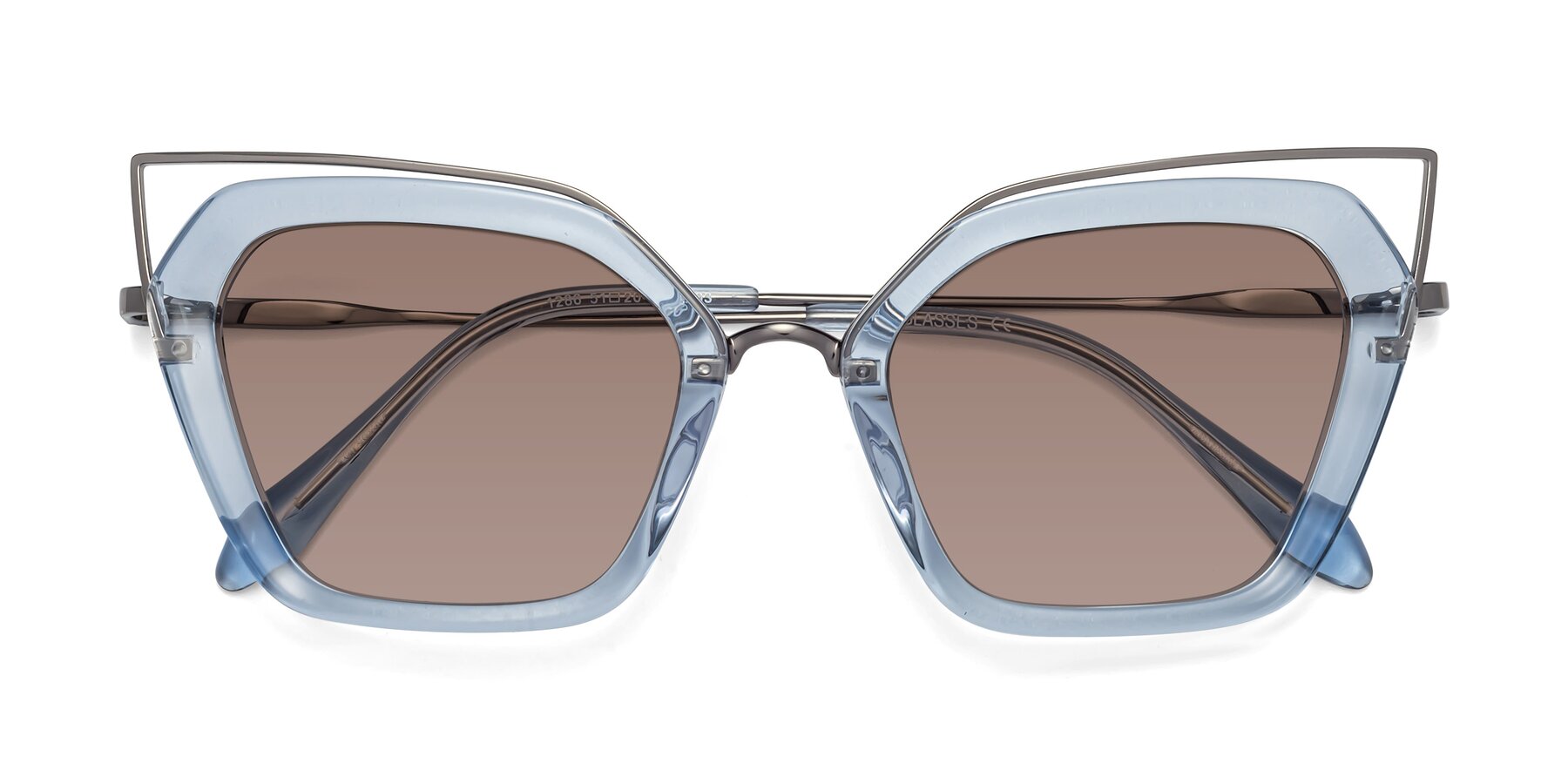 Folded Front of Delmonte in Light Blue with Medium Brown Tinted Lenses