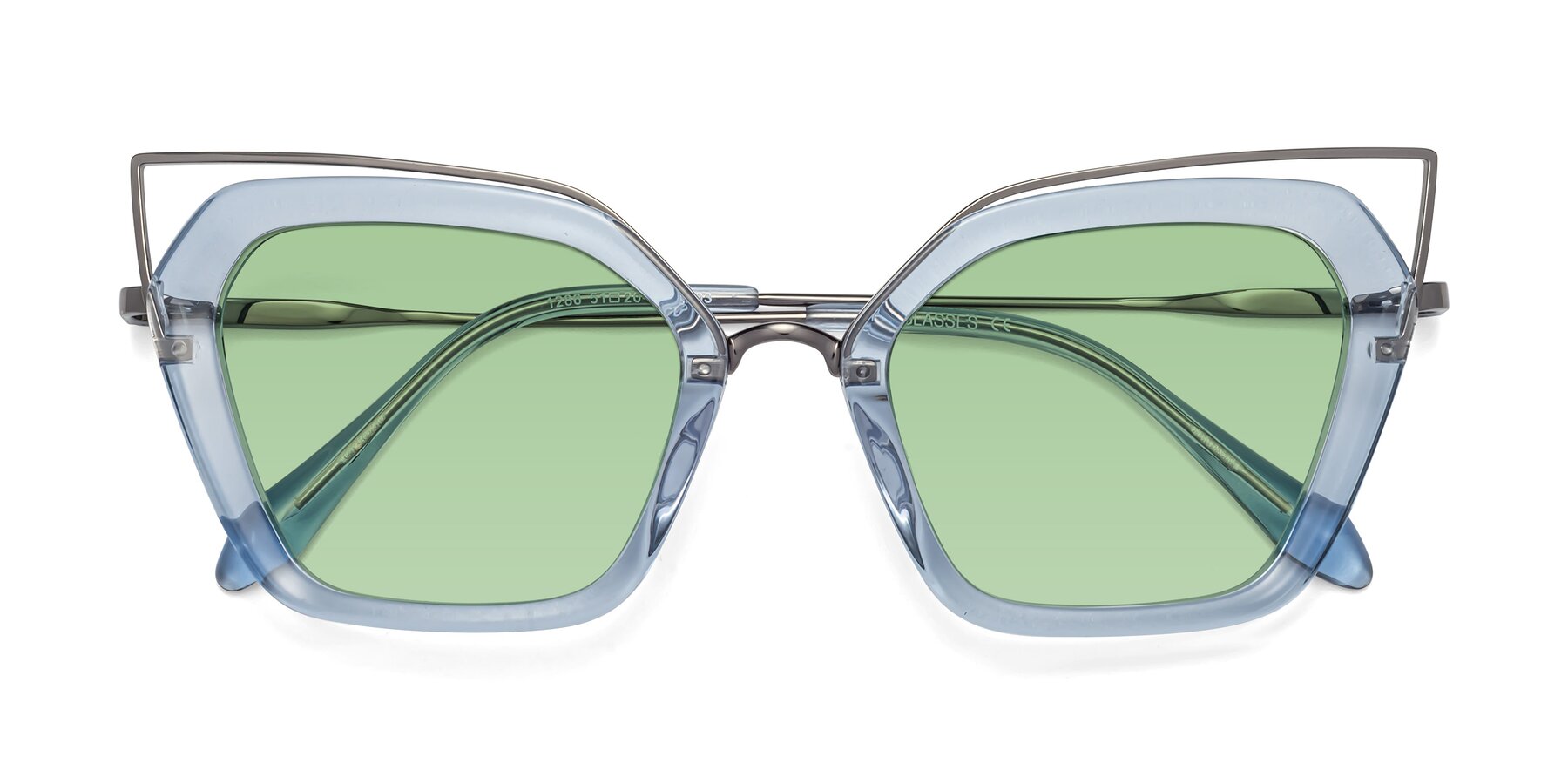 Folded Front of Delmonte in Light Blue with Medium Green Tinted Lenses