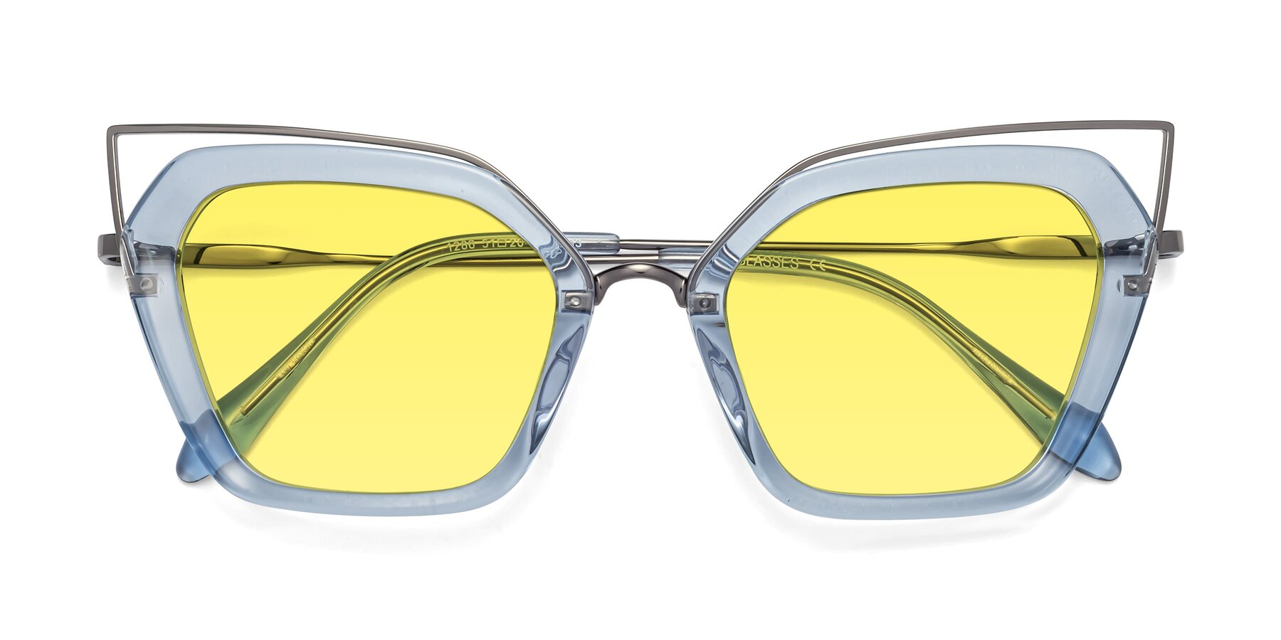 Folded Front of Delmonte in Light Blue with Medium Yellow Tinted Lenses