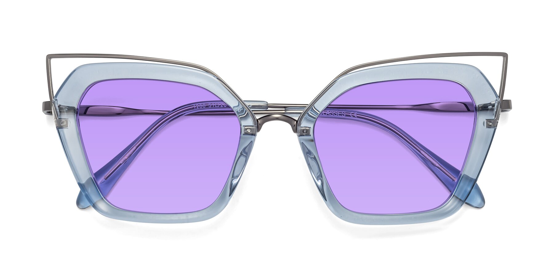 Folded Front of Delmonte in Light Blue with Medium Purple Tinted Lenses