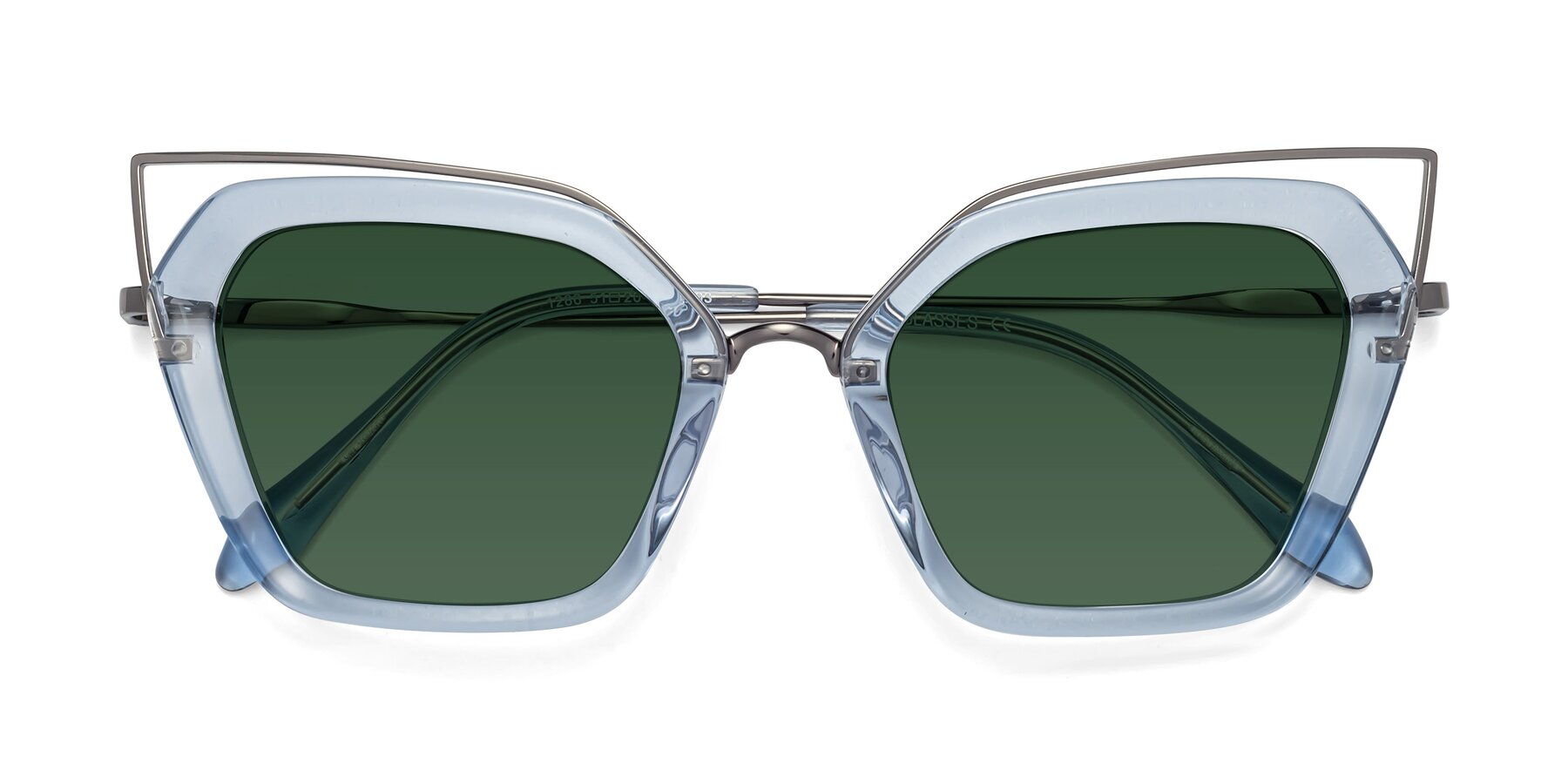 Folded Front of Delmonte in Light Blue with Green Tinted Lenses