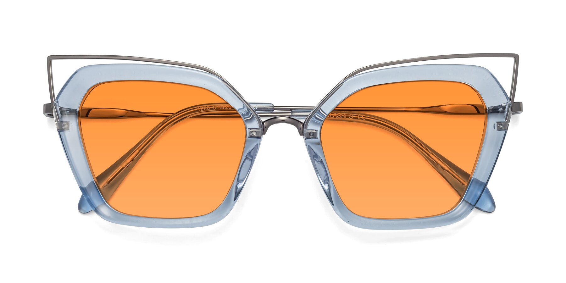 Folded Front of Delmonte in Light Blue with Orange Tinted Lenses