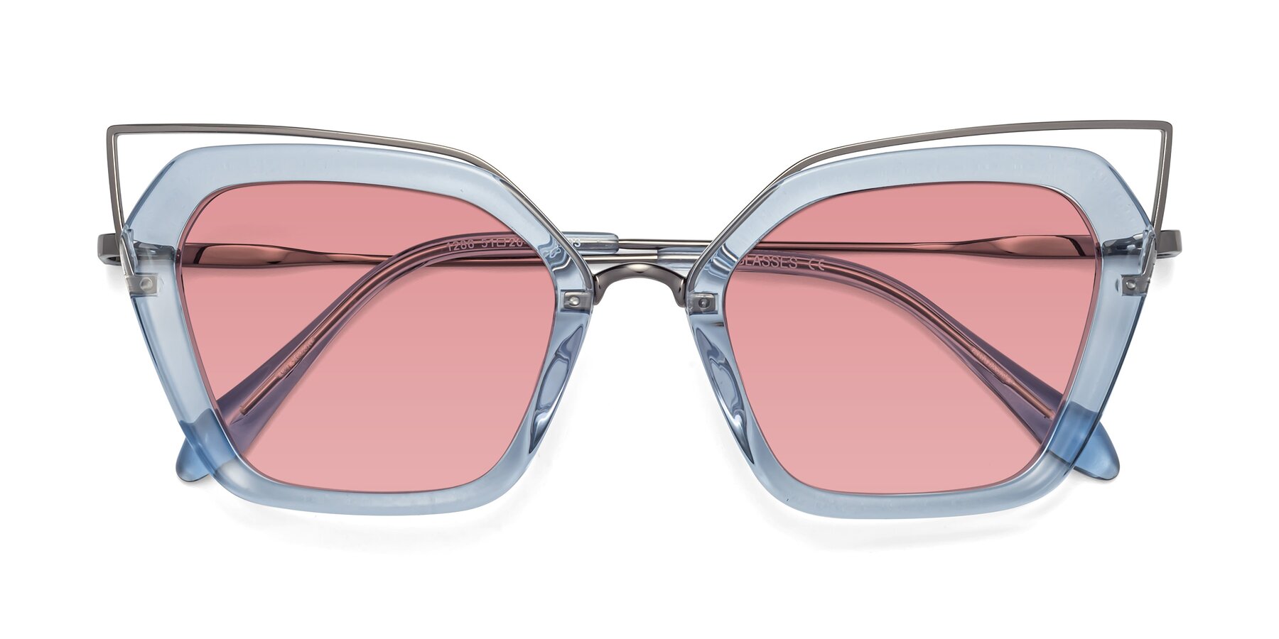 Folded Front of Delmonte in Light Blue with Medium Garnet Tinted Lenses