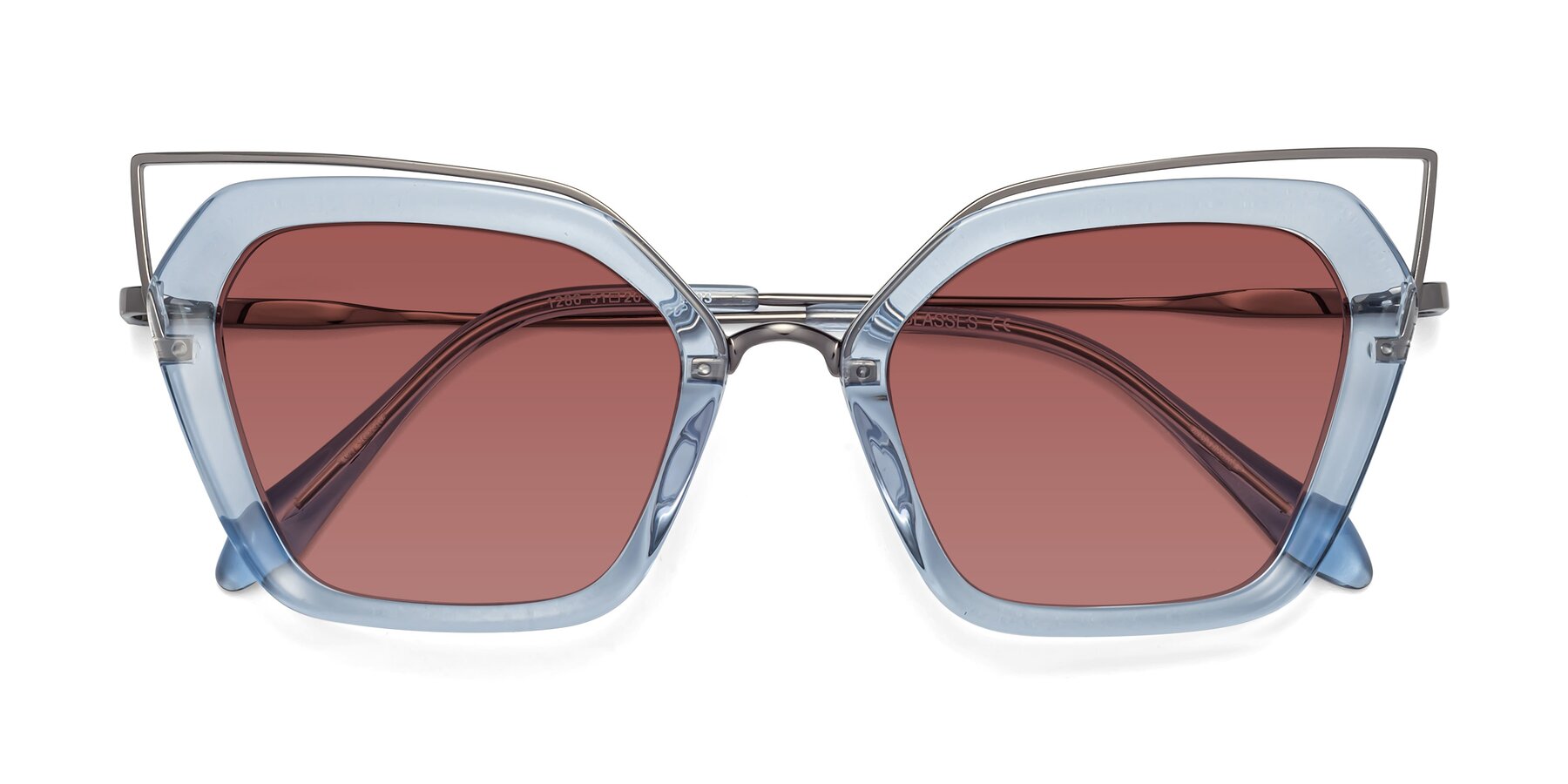 Folded Front of Delmonte in Light Blue with Garnet Tinted Lenses