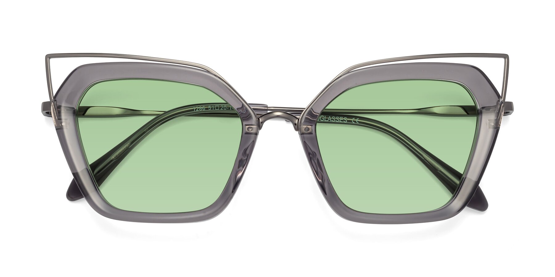 Folded Front of Delmonte in Transparent Gray with Medium Green Tinted Lenses