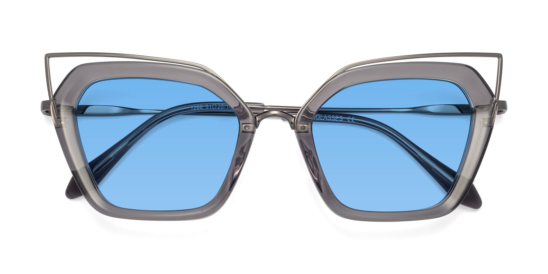 Folded Front of Delmonte in Transparent Gray with Medium Blue Tinted Lenses