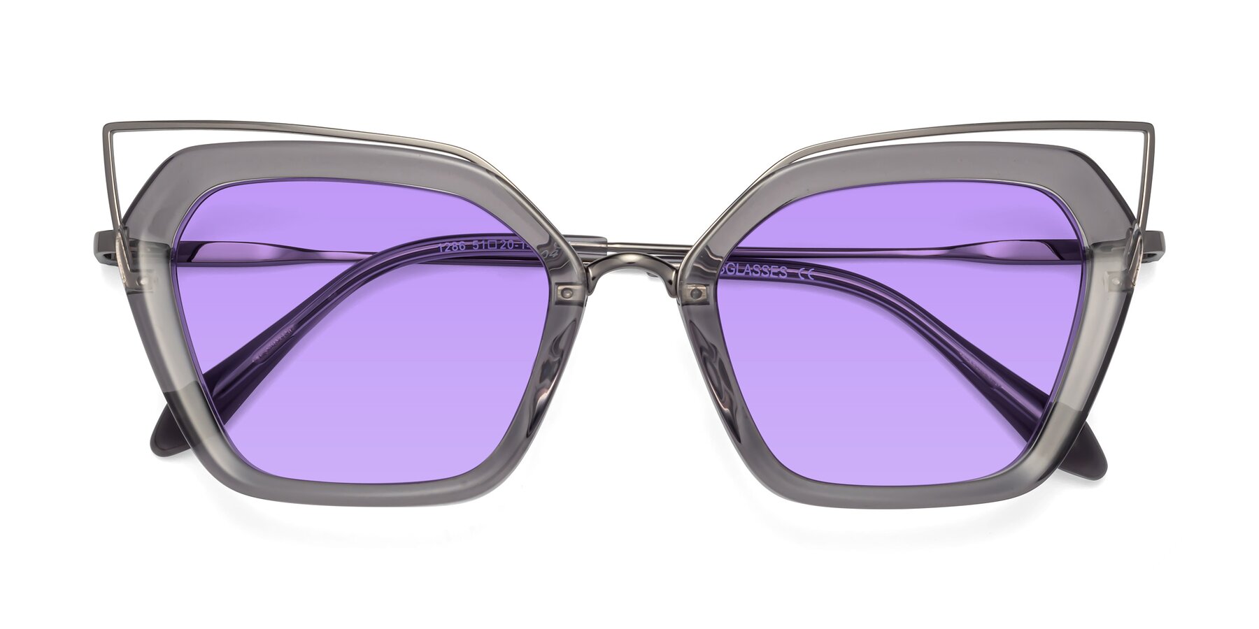 Folded Front of Delmonte in Transparent Gray with Medium Purple Tinted Lenses