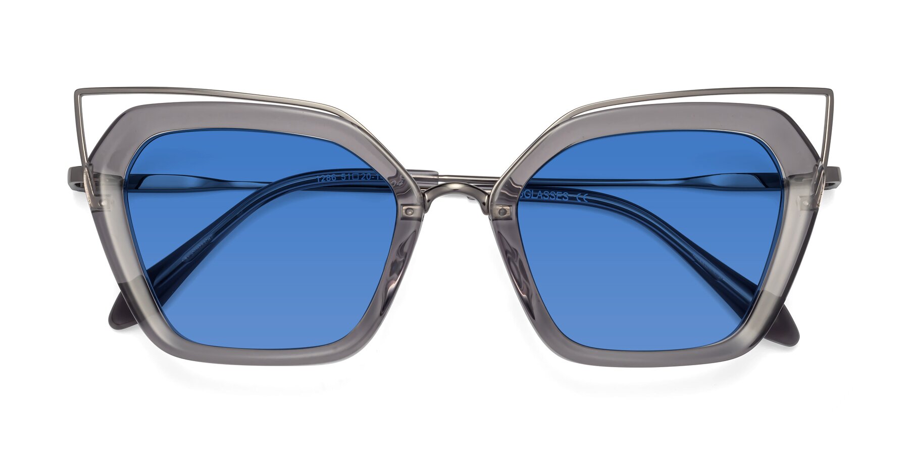 Folded Front of Delmonte in Transparent Gray with Blue Tinted Lenses