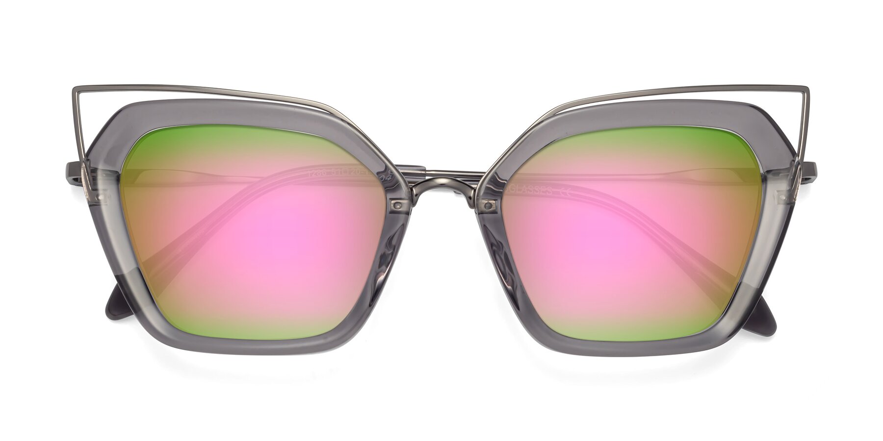 Folded Front of Delmonte in Transparent Gray with Pink Mirrored Lenses