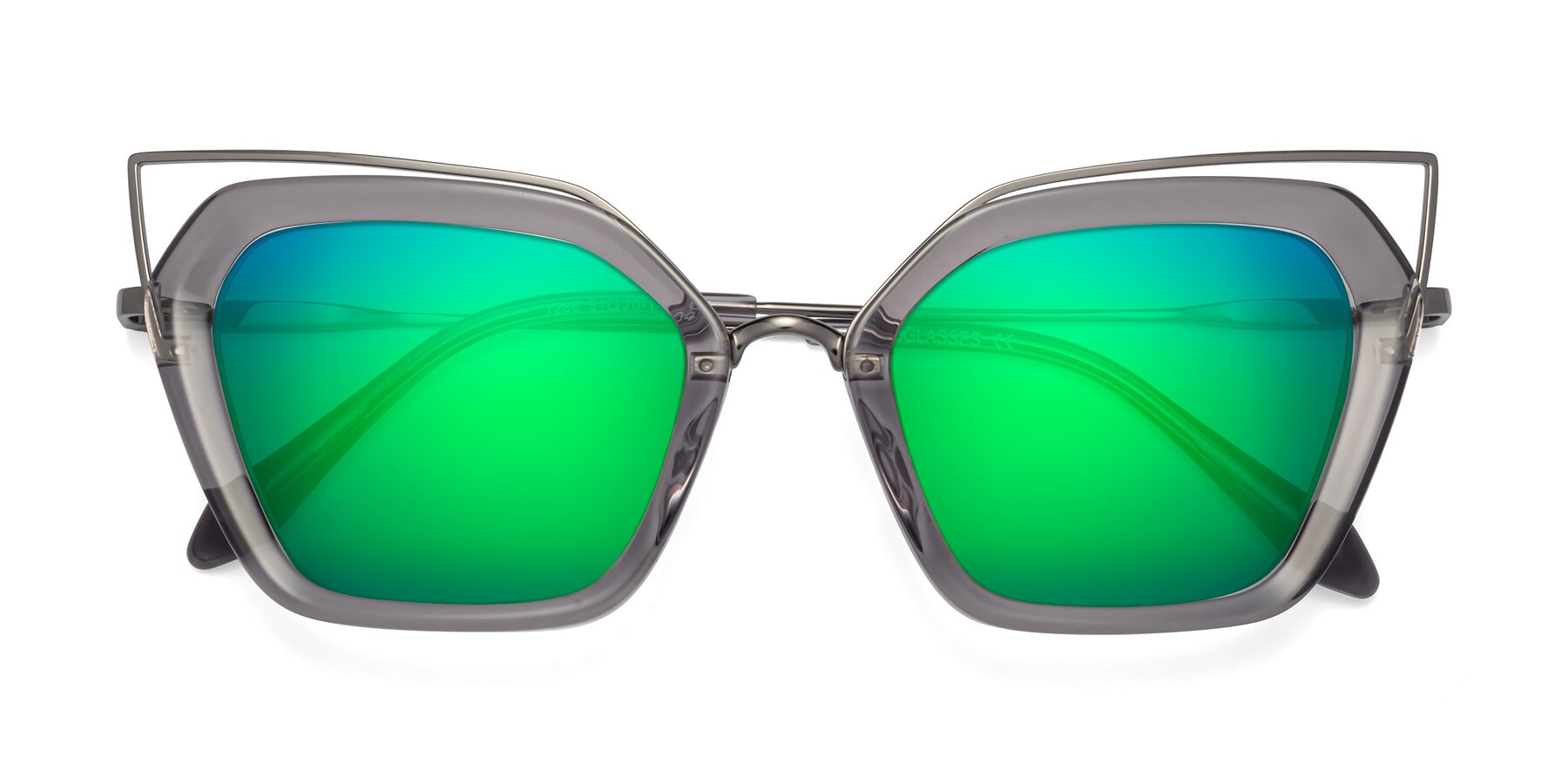 Folded Front of Delmonte in Transparent Gray with Green Mirrored Lenses