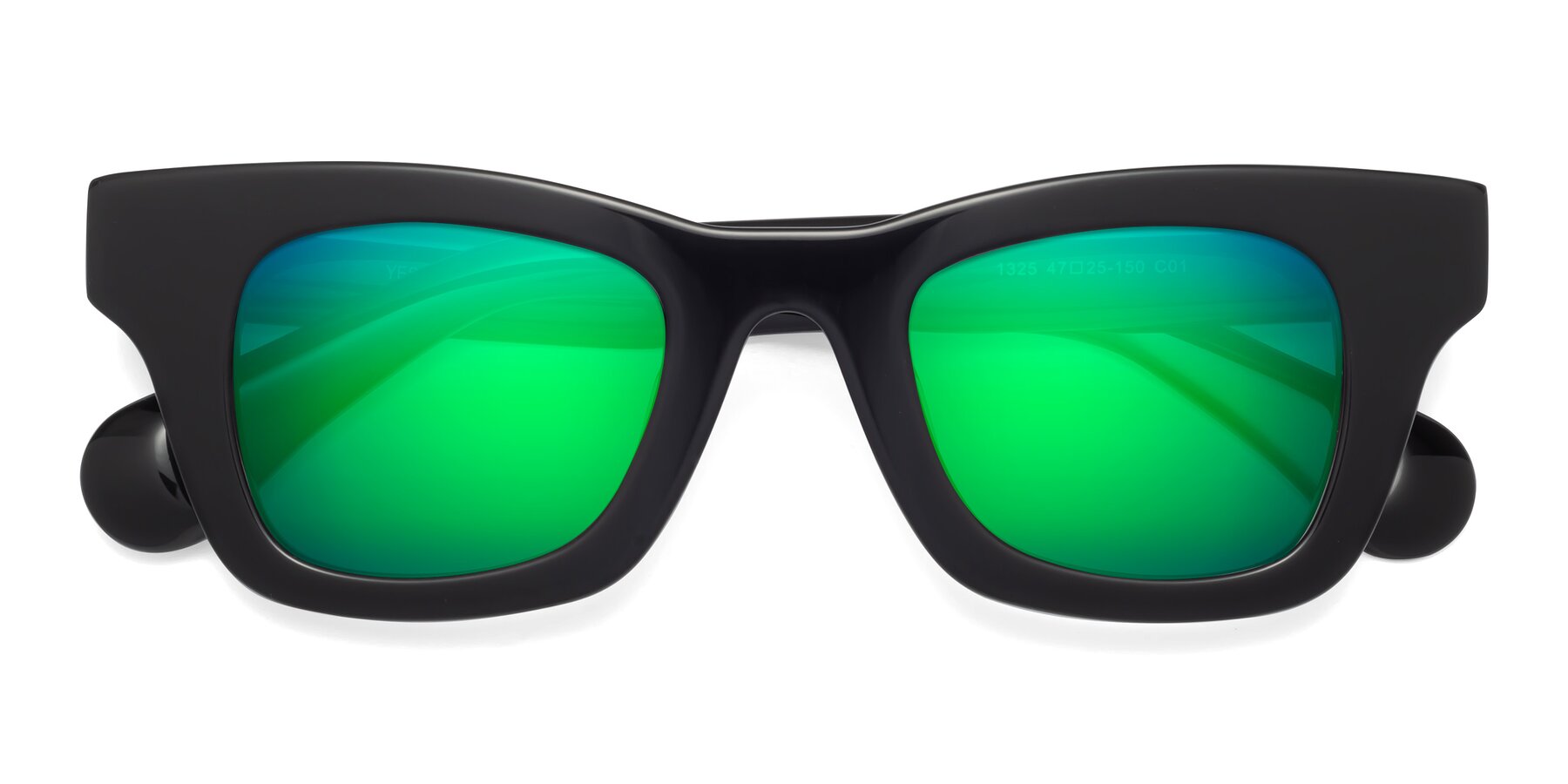 Folded Front of Route in Black with Green Mirrored Lenses