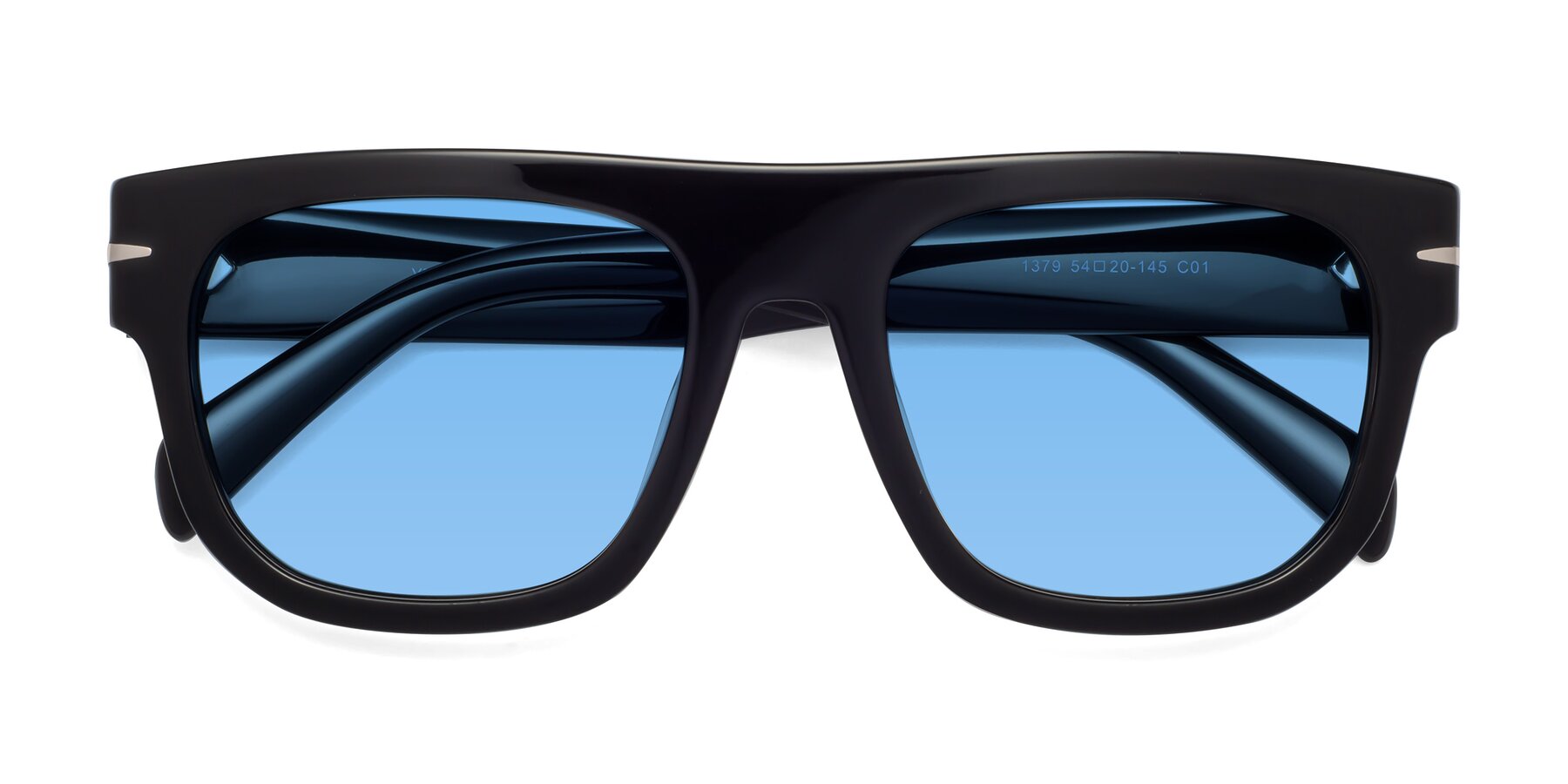 Folded Front of Campbell in Black with Medium Blue Tinted Lenses