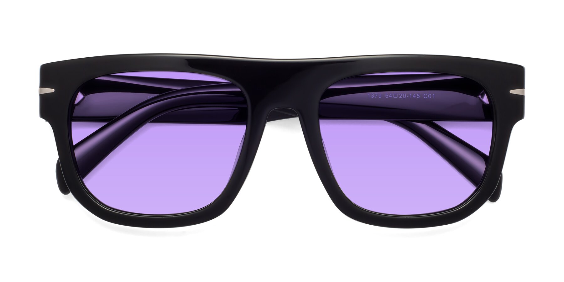 Folded Front of Campbell in Black with Medium Purple Tinted Lenses
