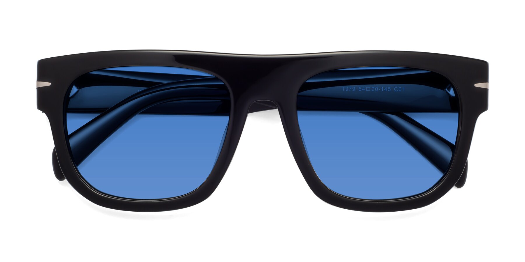 Folded Front of Campbell in Black with Blue Tinted Lenses