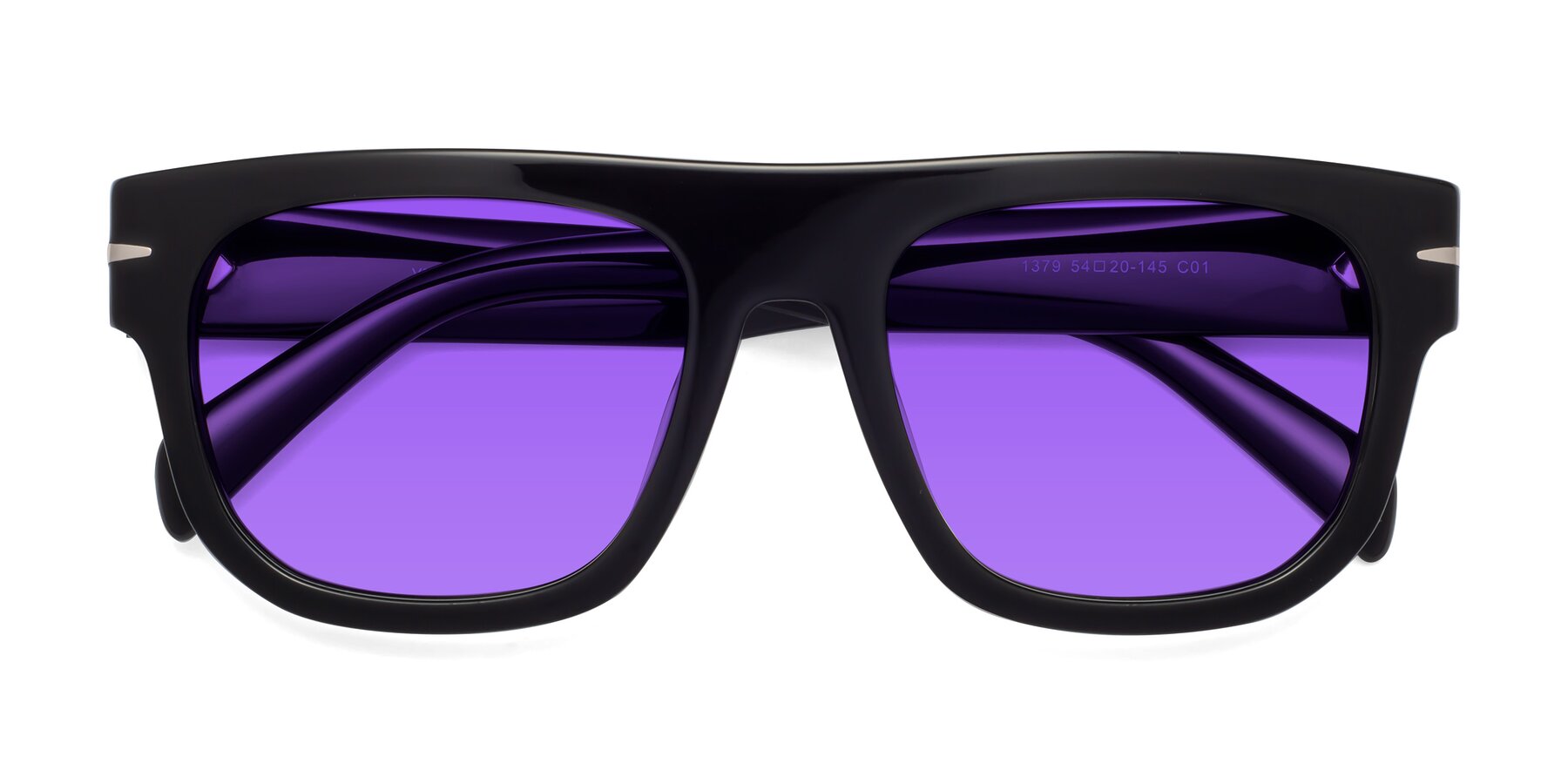 Folded Front of Campbell in Black with Purple Tinted Lenses