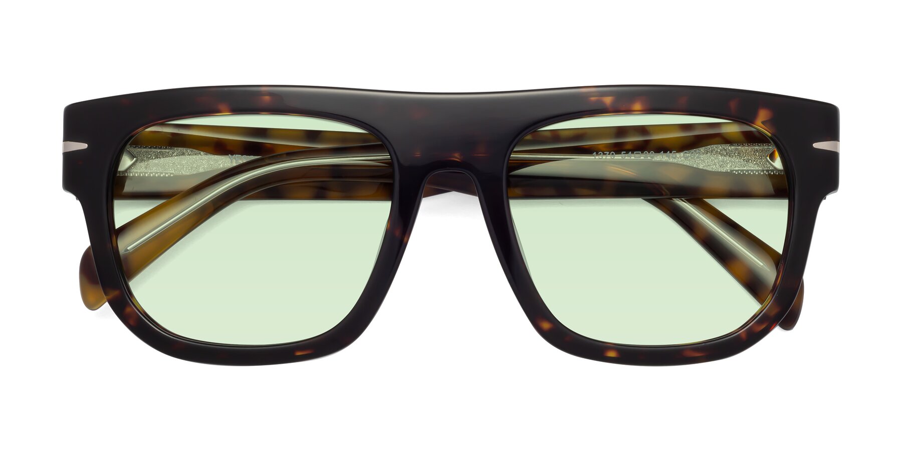 Folded Front of Campbell in Tortoise with Light Green Tinted Lenses