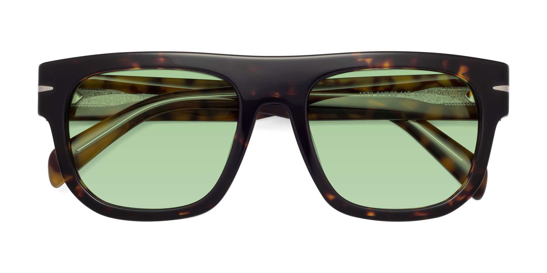 Folded Front of Campbell in Tortoise with Medium Green Tinted Lenses