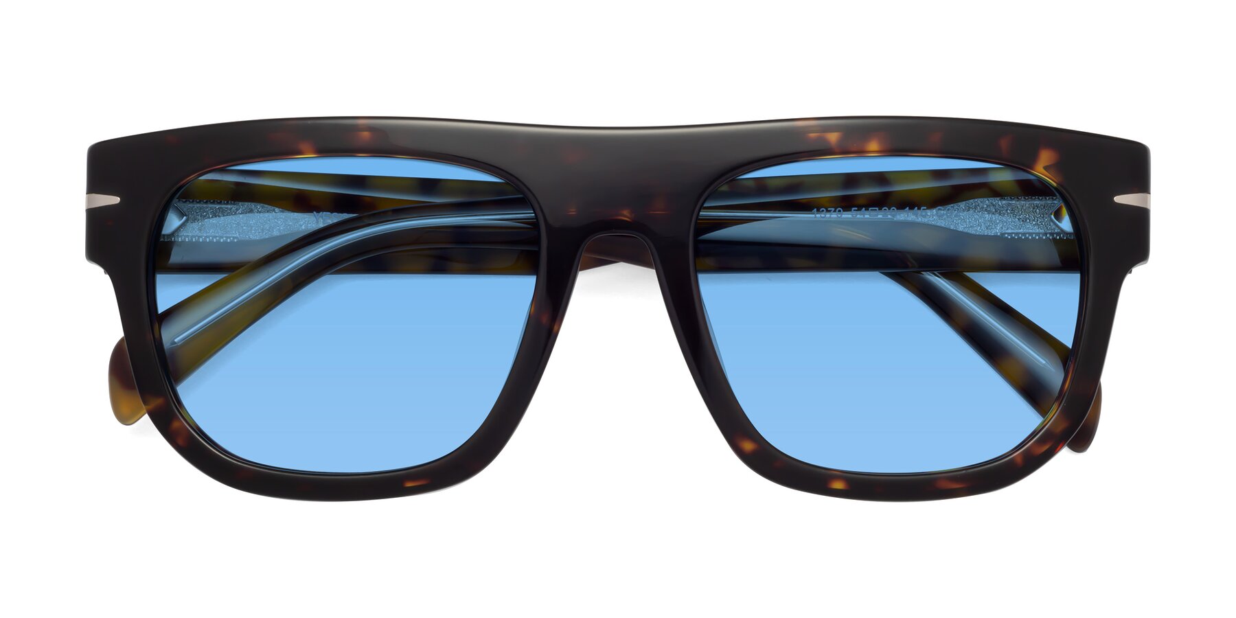 Folded Front of Campbell in Tortoise with Medium Blue Tinted Lenses