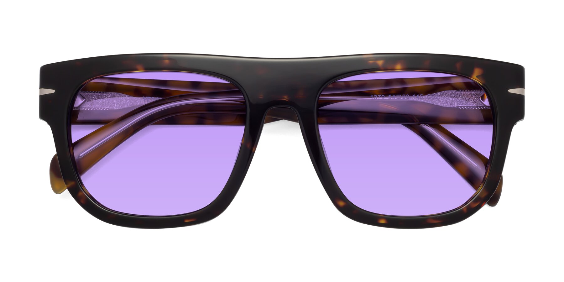 Folded Front of Campbell in Tortoise with Medium Purple Tinted Lenses