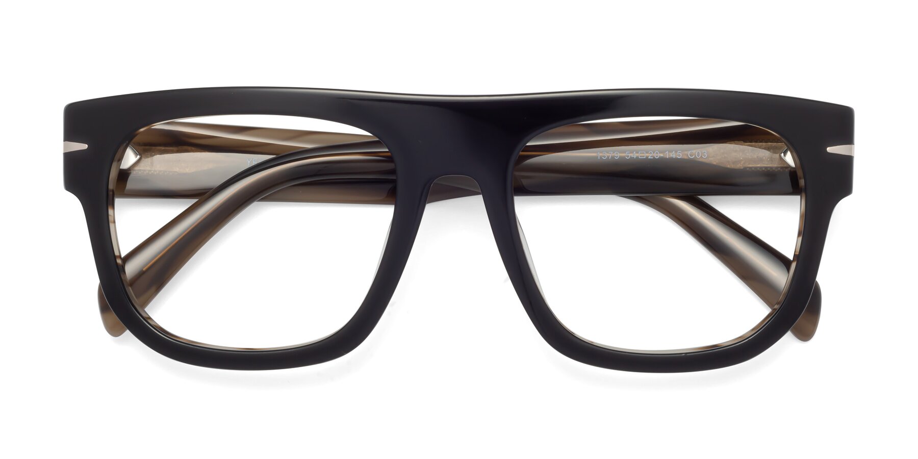 Folded Front of Campbell in Black-Stripe Brown with Clear Eyeglass Lenses