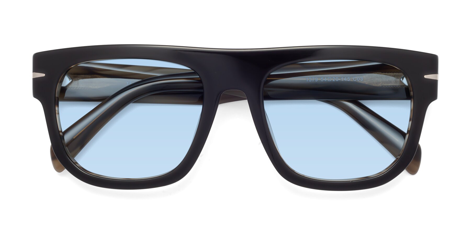 Folded Front of Campbell in Black-Stripe Brown with Light Blue Tinted Lenses