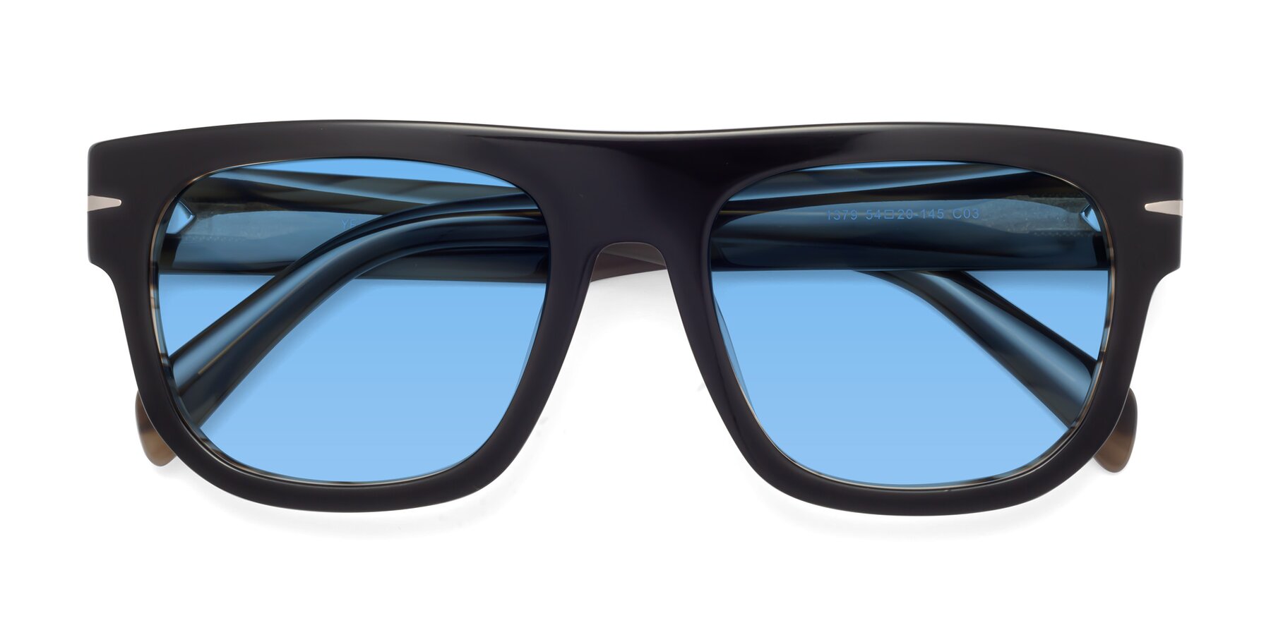 Folded Front of Campbell in Black-Stripe Brown with Medium Blue Tinted Lenses