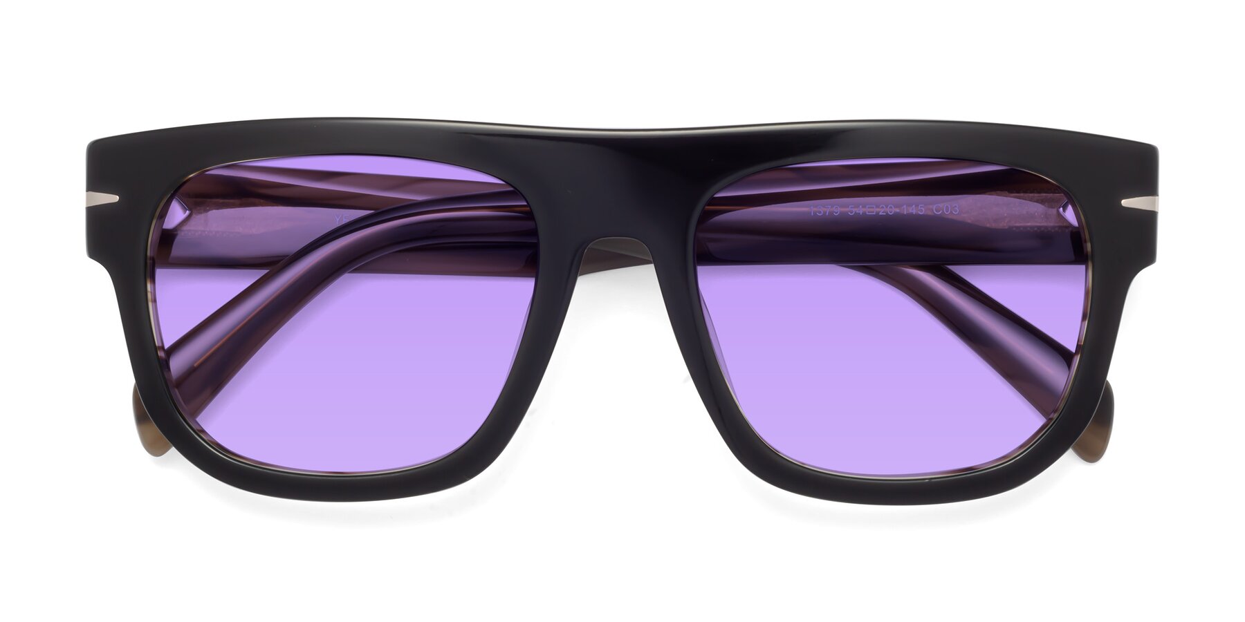 Folded Front of Campbell in Black-Stripe Brown with Medium Purple Tinted Lenses