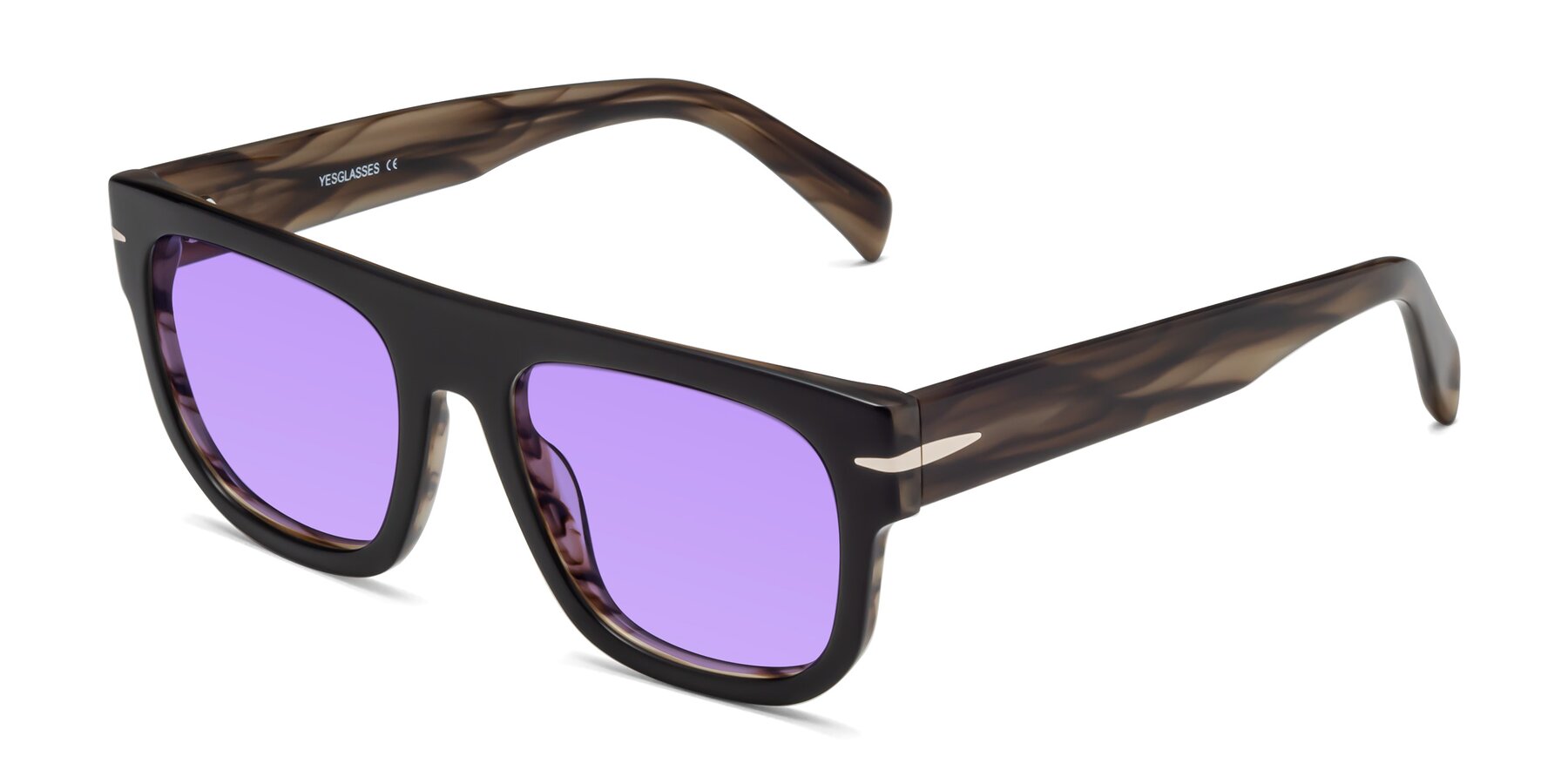 Angle of Campbell in Black-Stripe Brown with Medium Purple Tinted Lenses