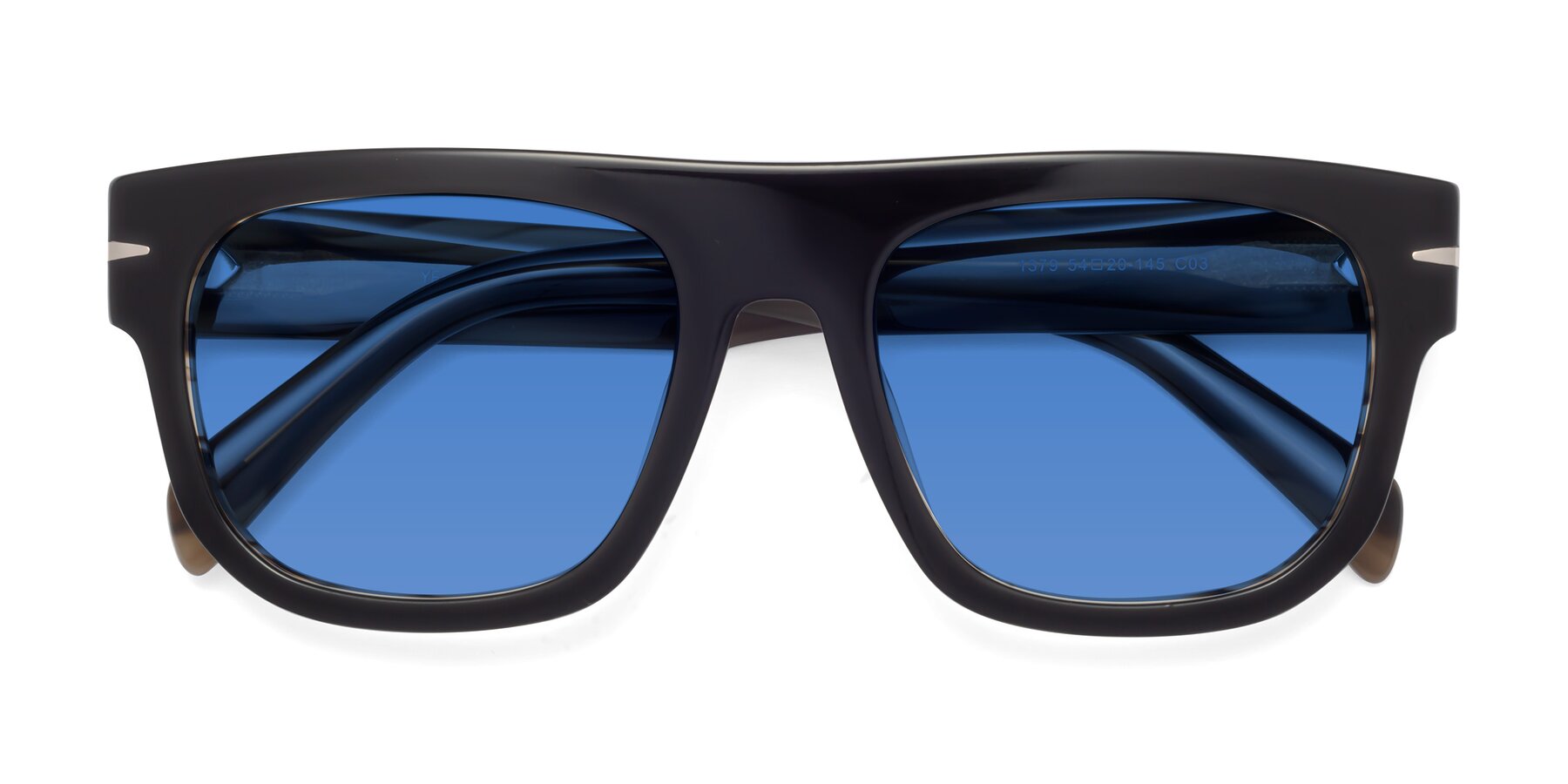 Folded Front of Campbell in Black-Stripe Brown with Blue Tinted Lenses