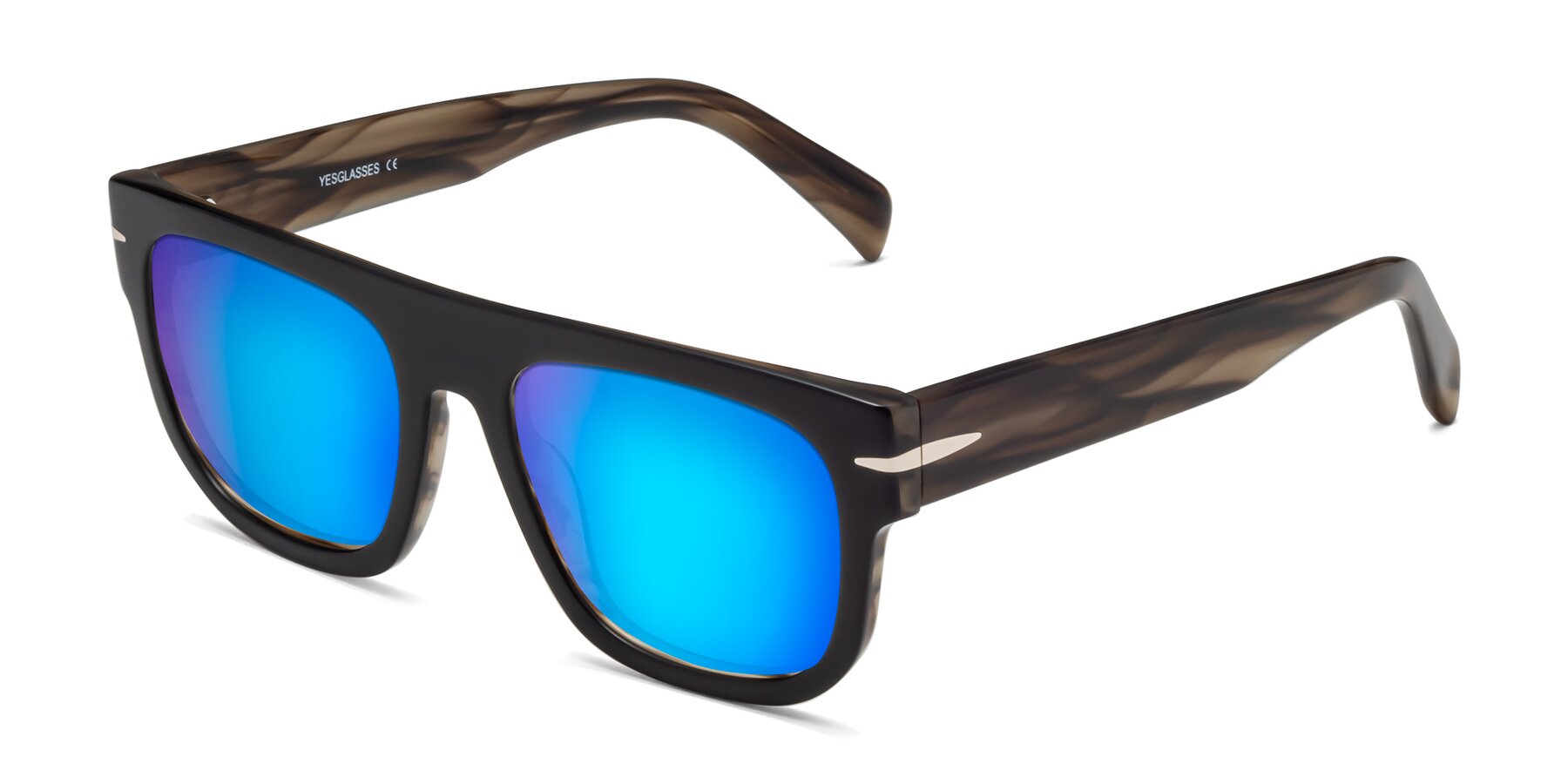 Angle of Campbell in Black-Stripe Brown with Blue Mirrored Lenses