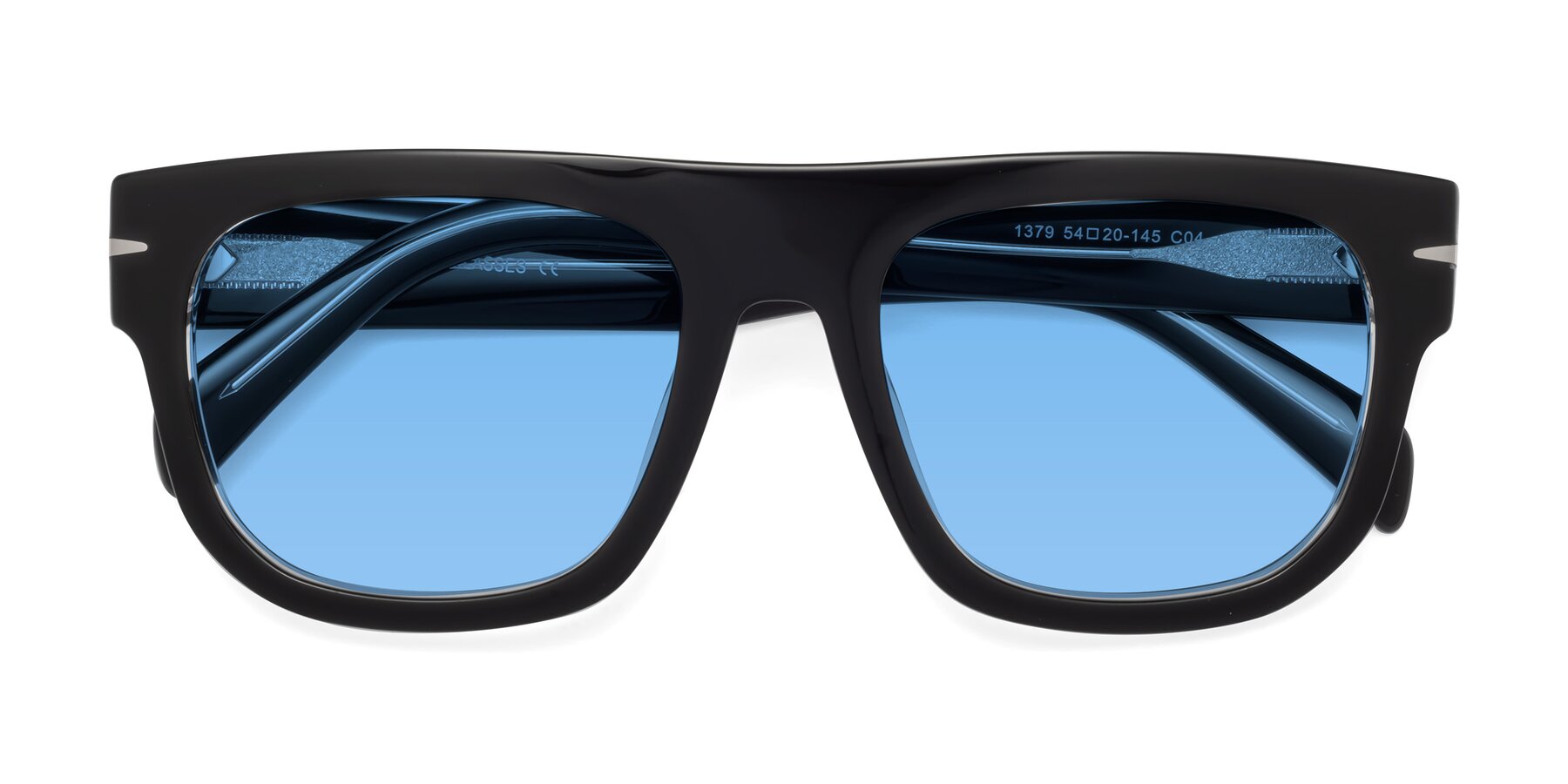 Folded Front of Campbell in Black-Clear with Medium Blue Tinted Lenses