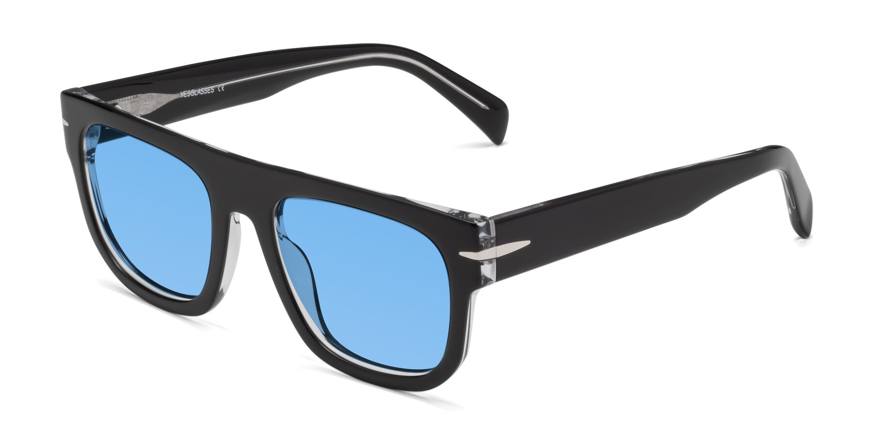 Angle of Campbell in Black-Clear with Medium Blue Tinted Lenses