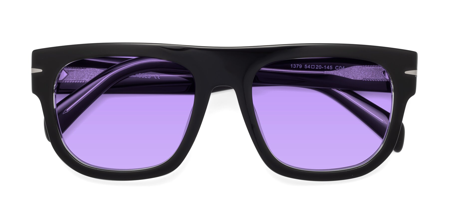 Folded Front of Campbell in Black-Clear with Medium Purple Tinted Lenses