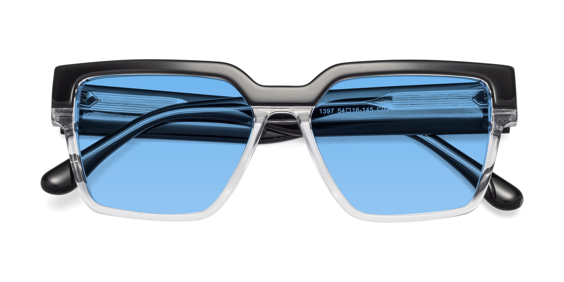 Black-Clear Hipster Acetate Square Tinted Sunglasses with Medium Blue Sunwear Lenses