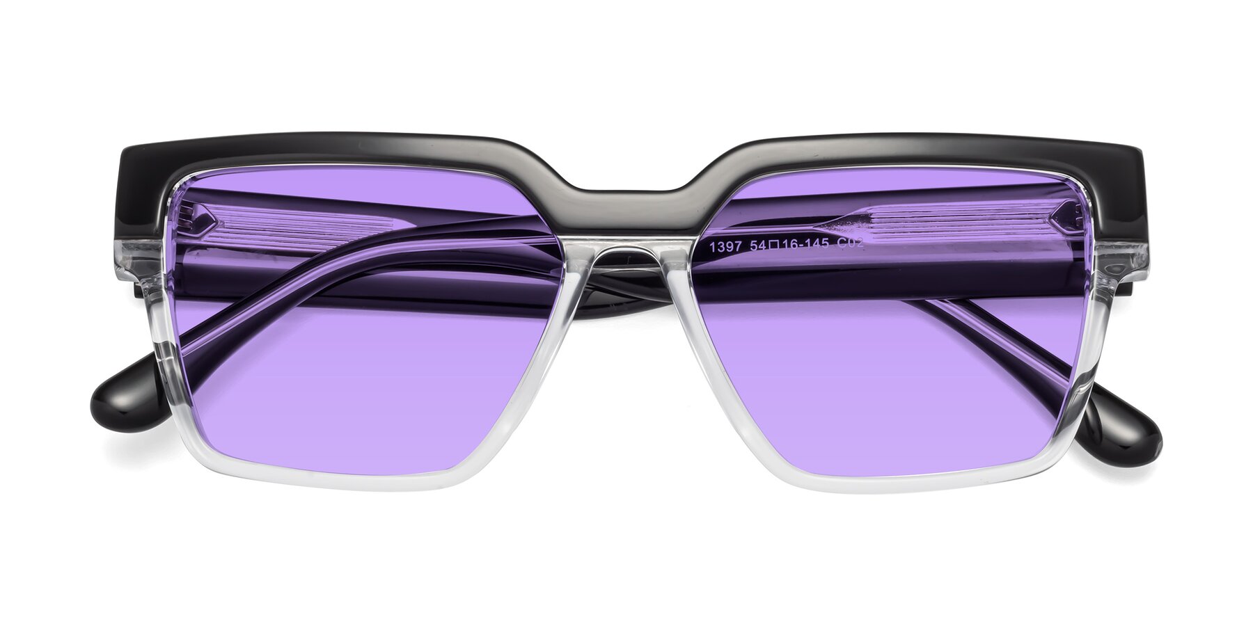 Folded Front of Rincon in Black-Clear with Medium Purple Tinted Lenses