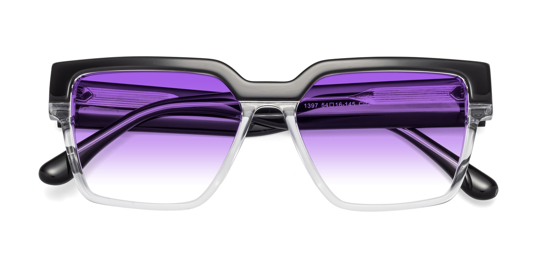Folded Front of Rincon in Black-Clear with Purple Gradient Lenses