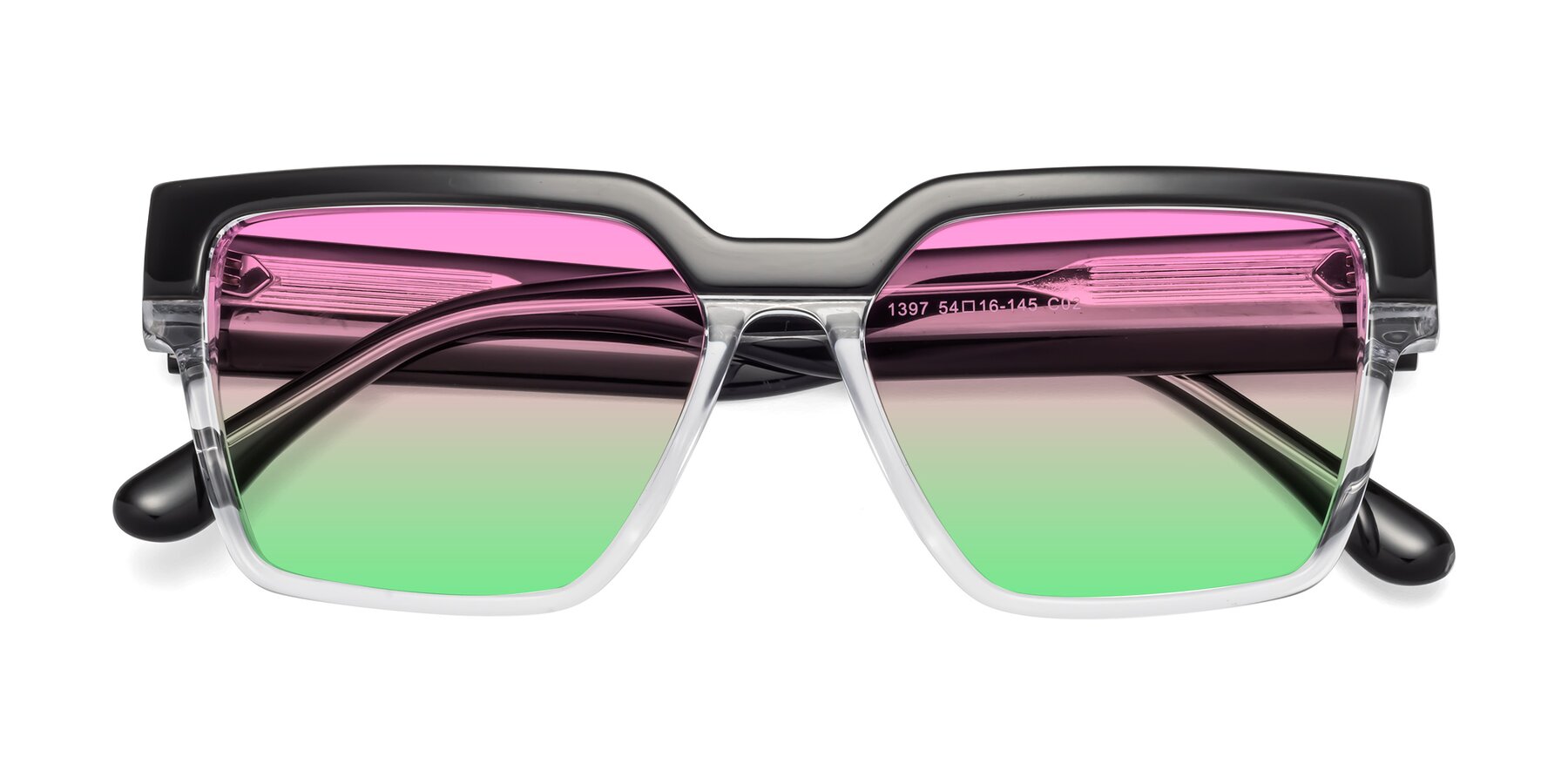 Folded Front of Rincon in Black-Clear with Pink / Green Gradient Lenses