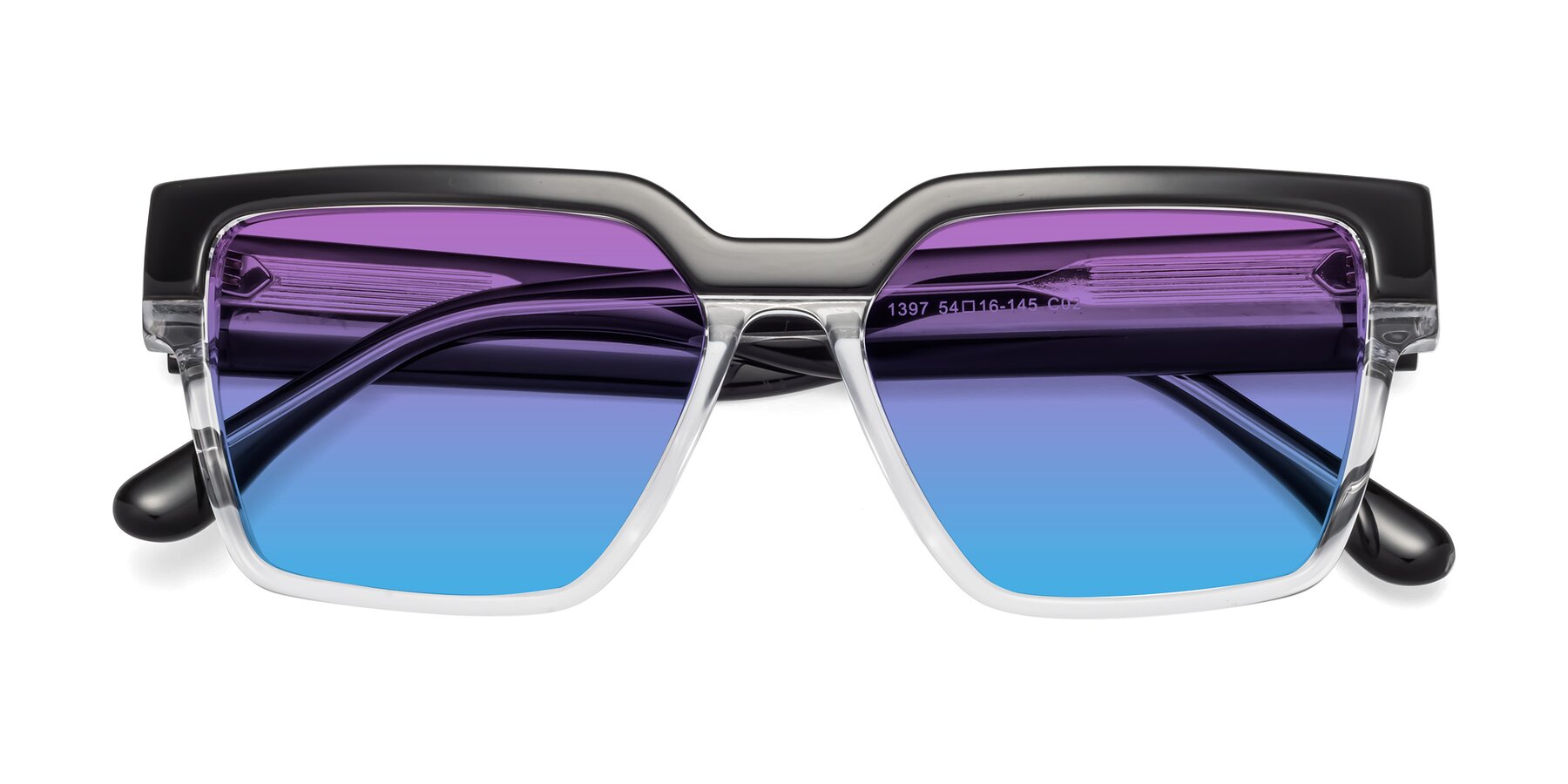 Folded Front of Rincon in Black-Clear with Purple / Blue Gradient Lenses