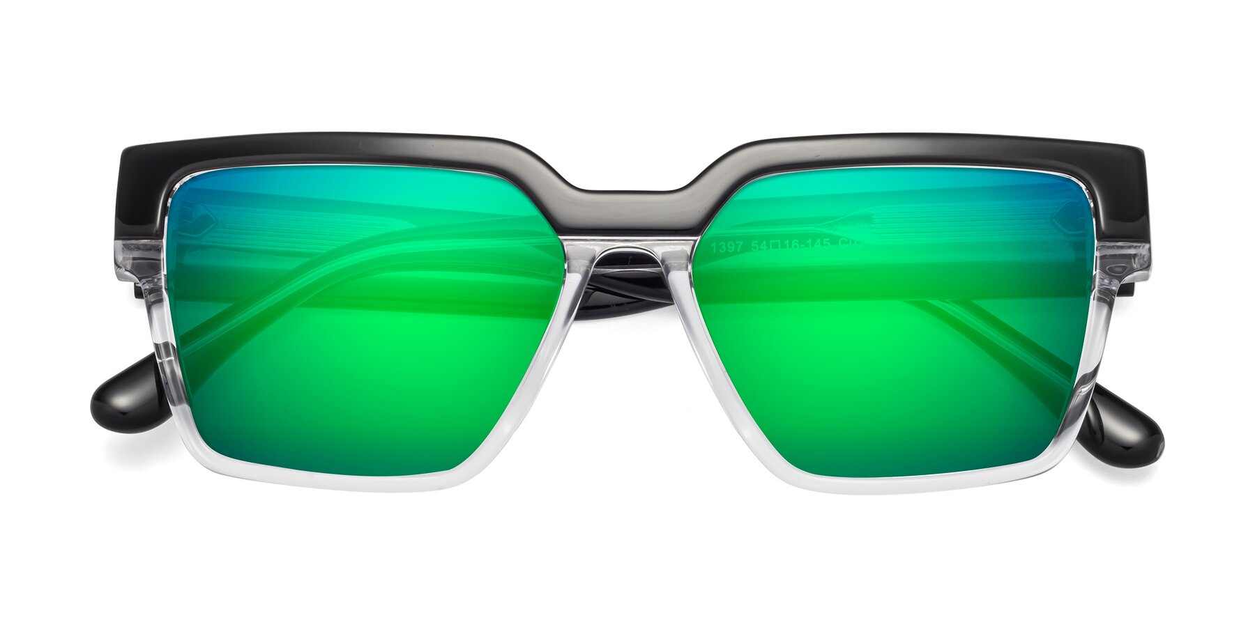 Folded Front of Rincon in Black-Clear with Green Mirrored Lenses