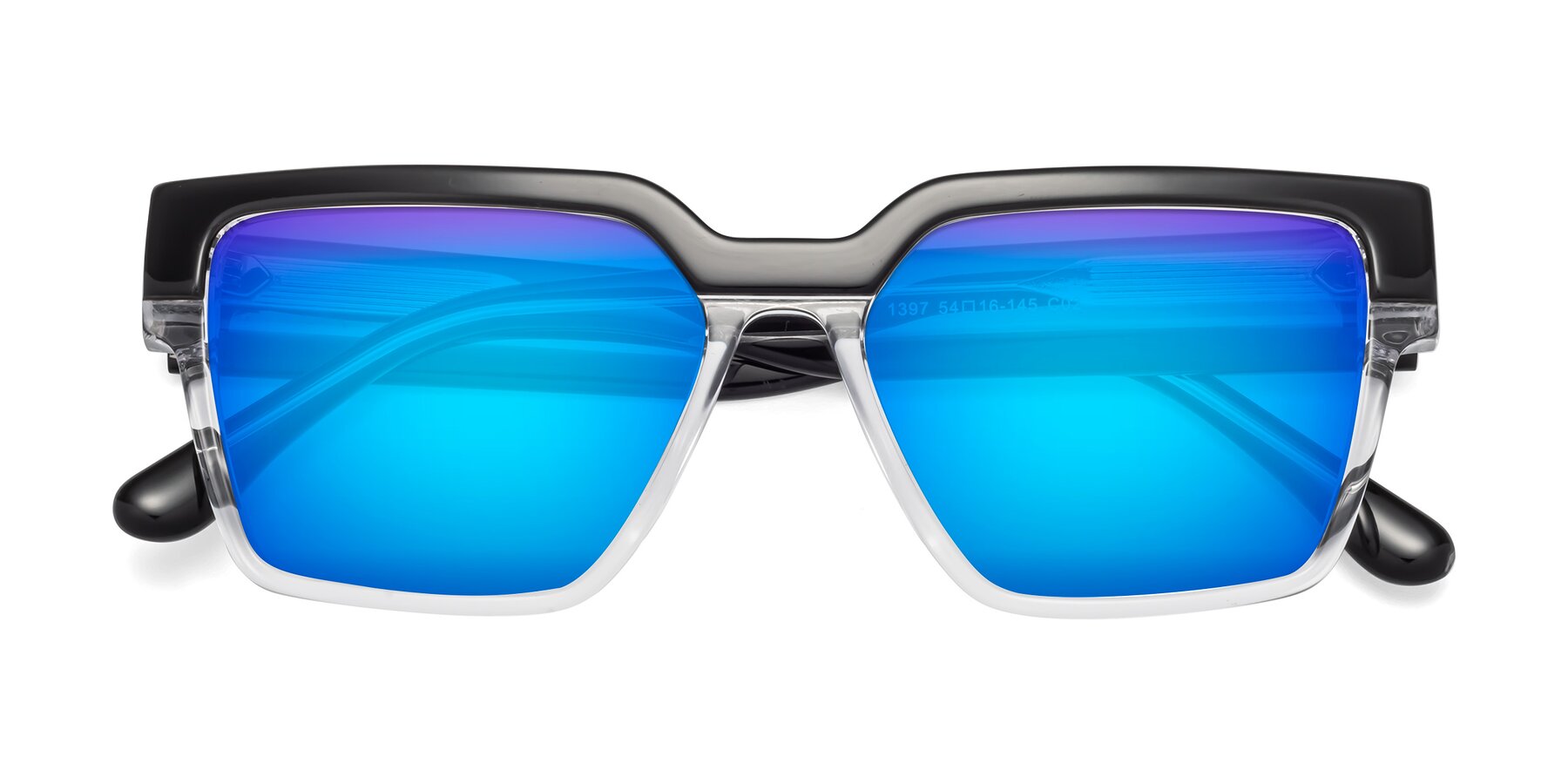Folded Front of Rincon in Black-Clear with Blue Mirrored Lenses
