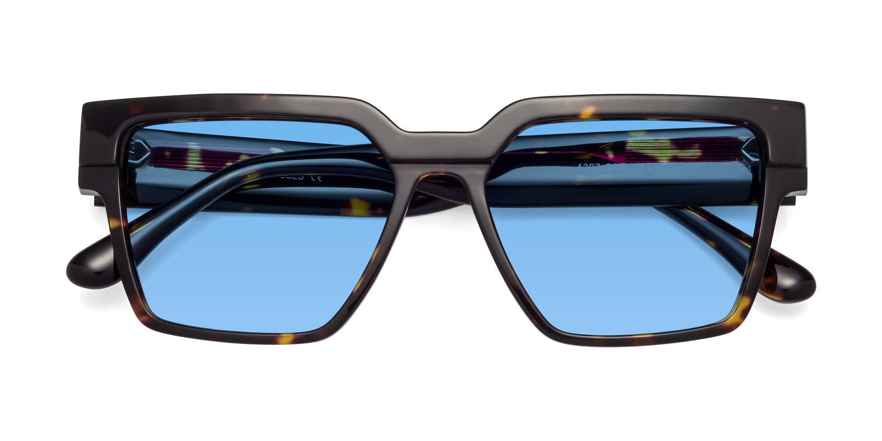 Folded Front of Rincon in Tortoise with Medium Blue Tinted Lenses