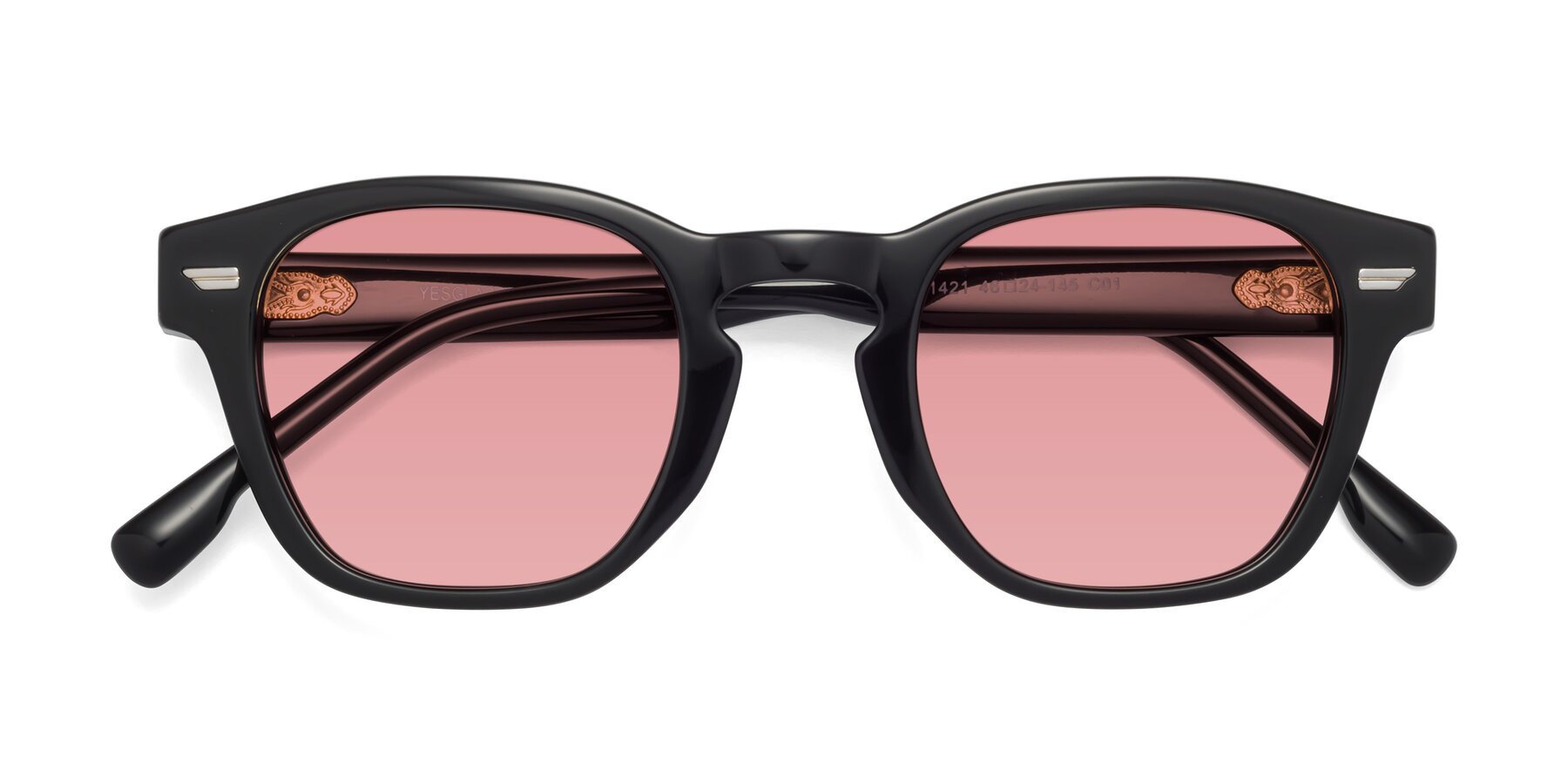 Folded Front of 1421 in Black with Medium Garnet Tinted Lenses