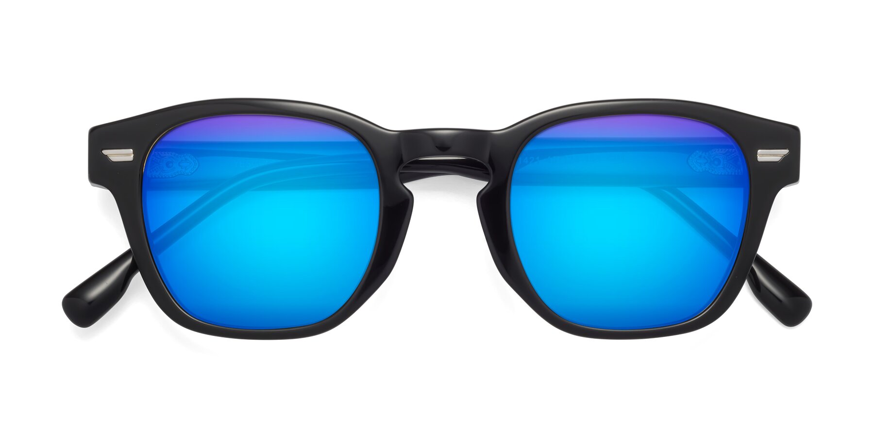 Folded Front of Costa in Black with Blue Mirrored Lenses