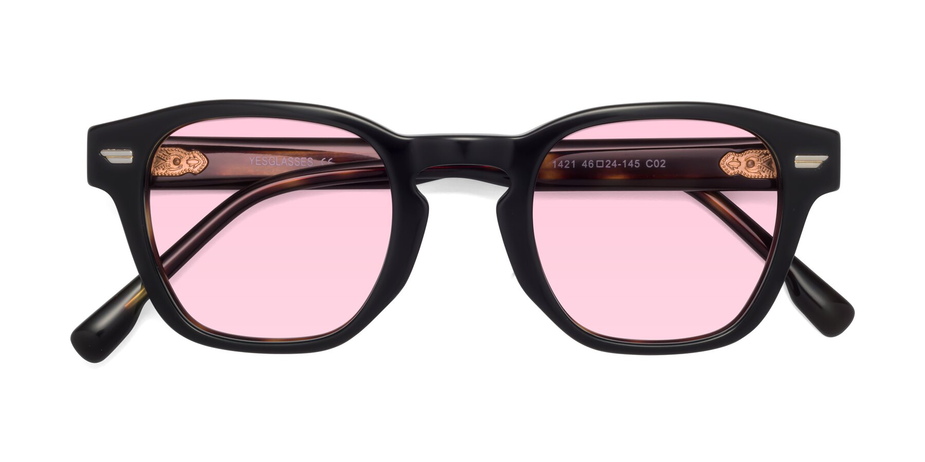 Folded Front of 1421 in Black-Tortoise with Light Pink Tinted Lenses