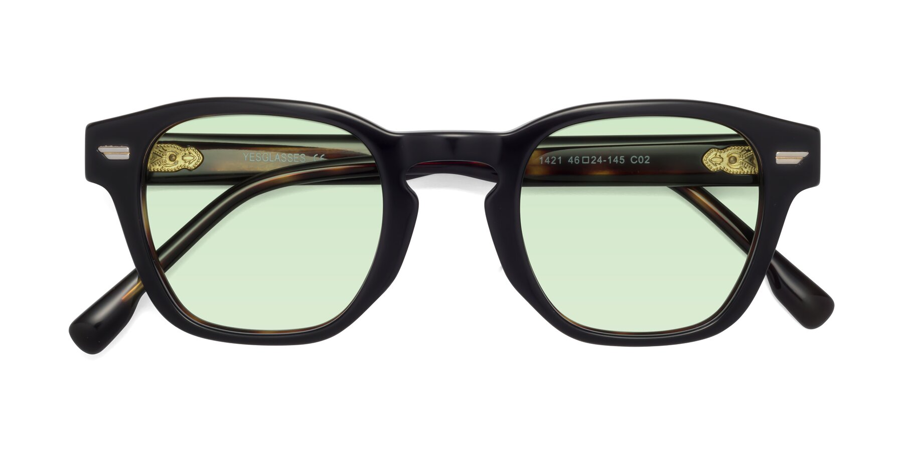 Folded Front of 1421 in Black-Tortoise with Light Green Tinted Lenses