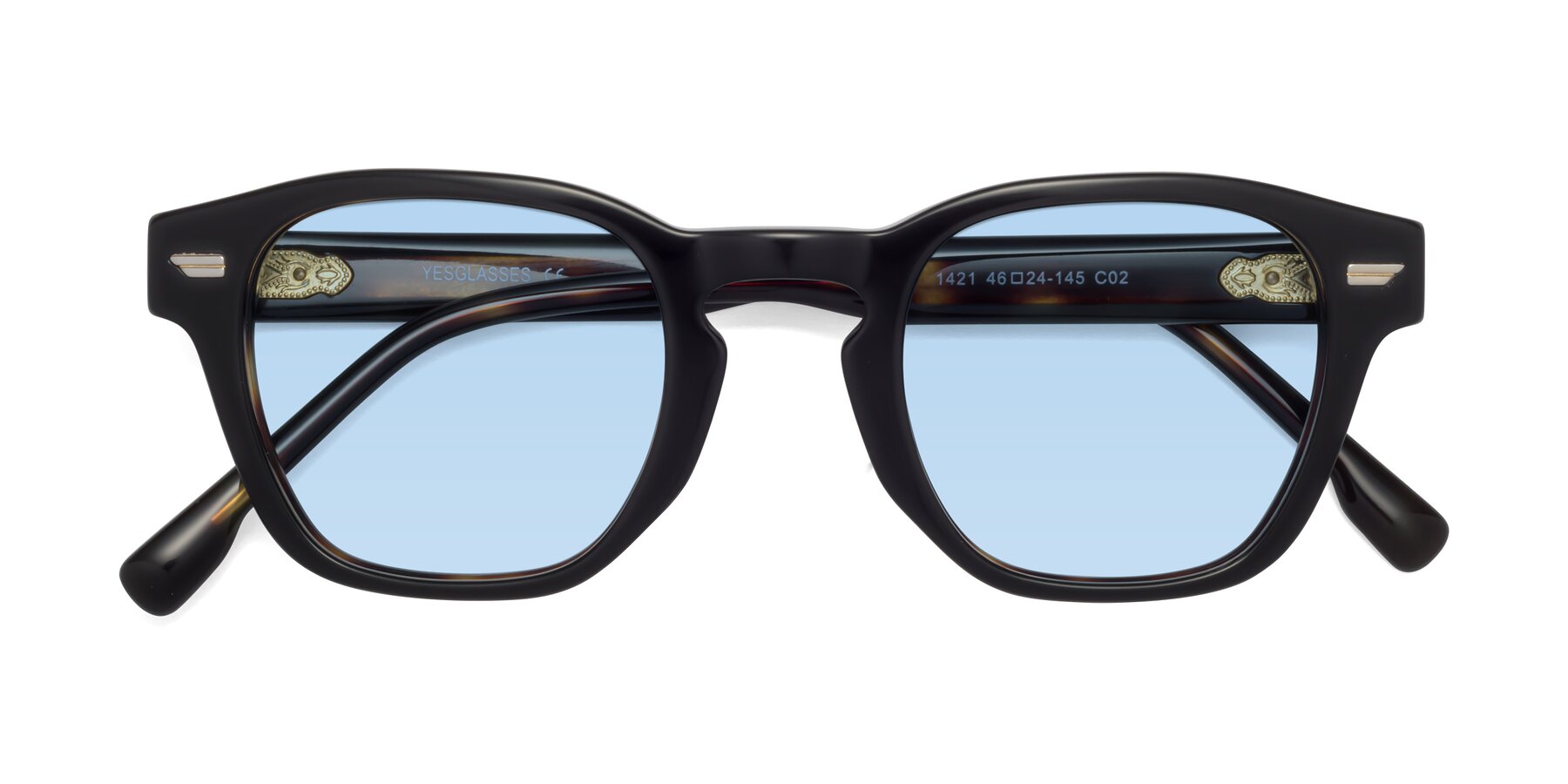 Folded Front of 1421 in Black-Tortoise with Light Blue Tinted Lenses