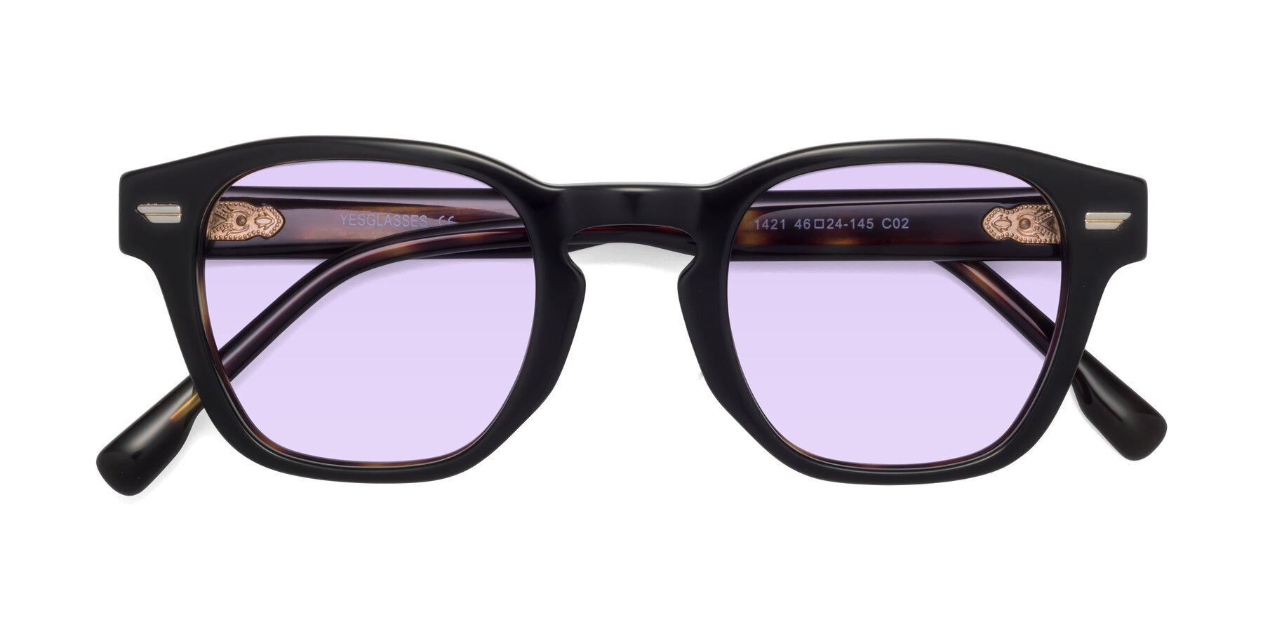 Folded Front of 1421 in Black-Tortoise with Light Purple Tinted Lenses