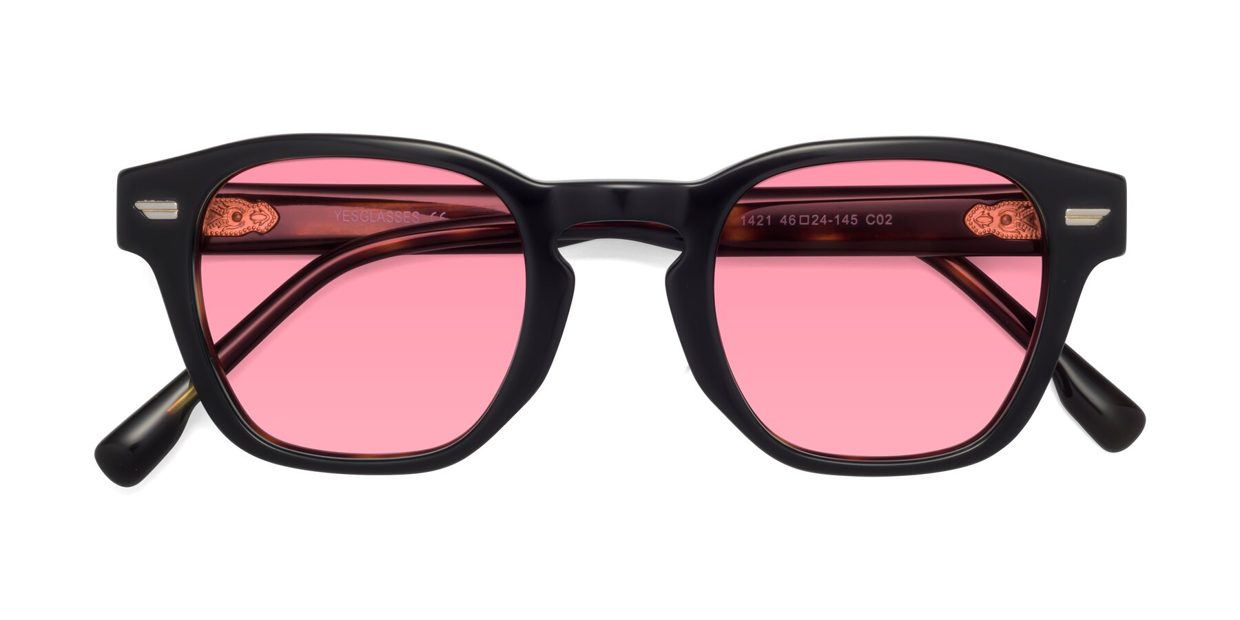 Folded Front of 1421 in Black-Tortoise with Pink Tinted Lenses