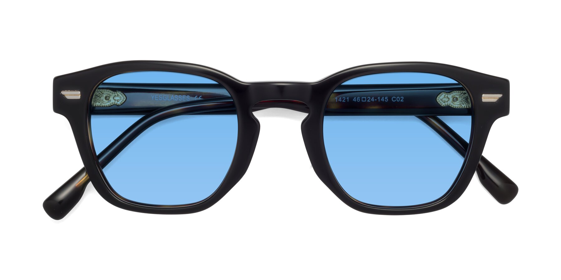 Folded Front of 1421 in Black-Tortoise with Medium Blue Tinted Lenses