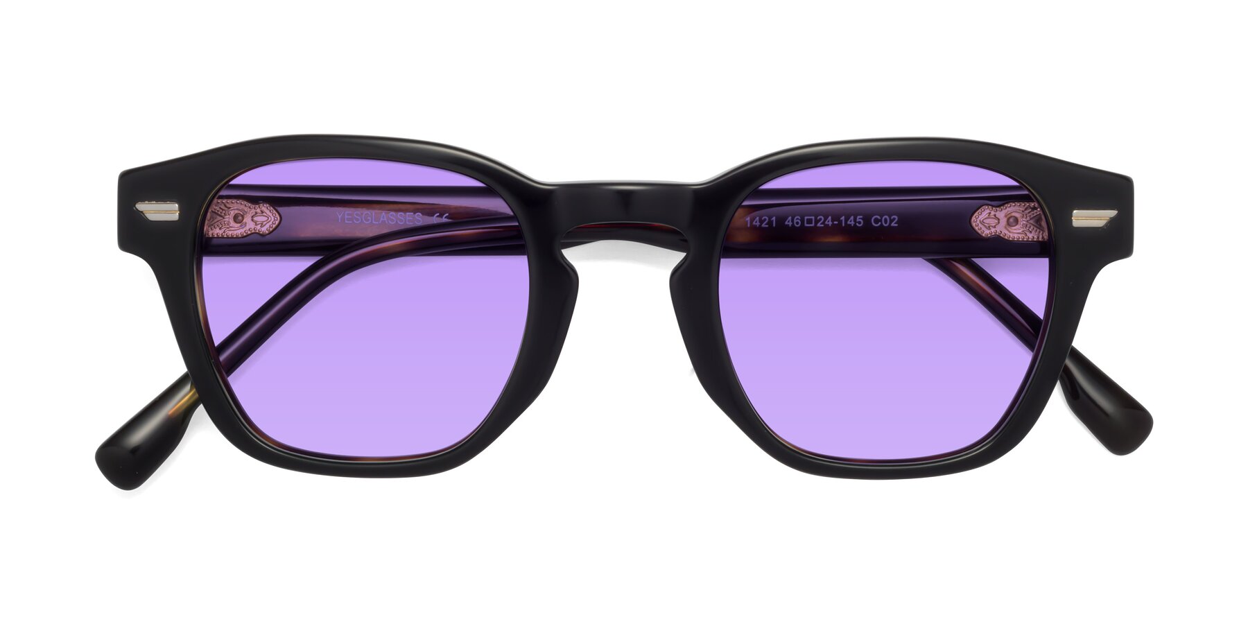 Folded Front of 1421 in Black-Tortoise with Medium Purple Tinted Lenses